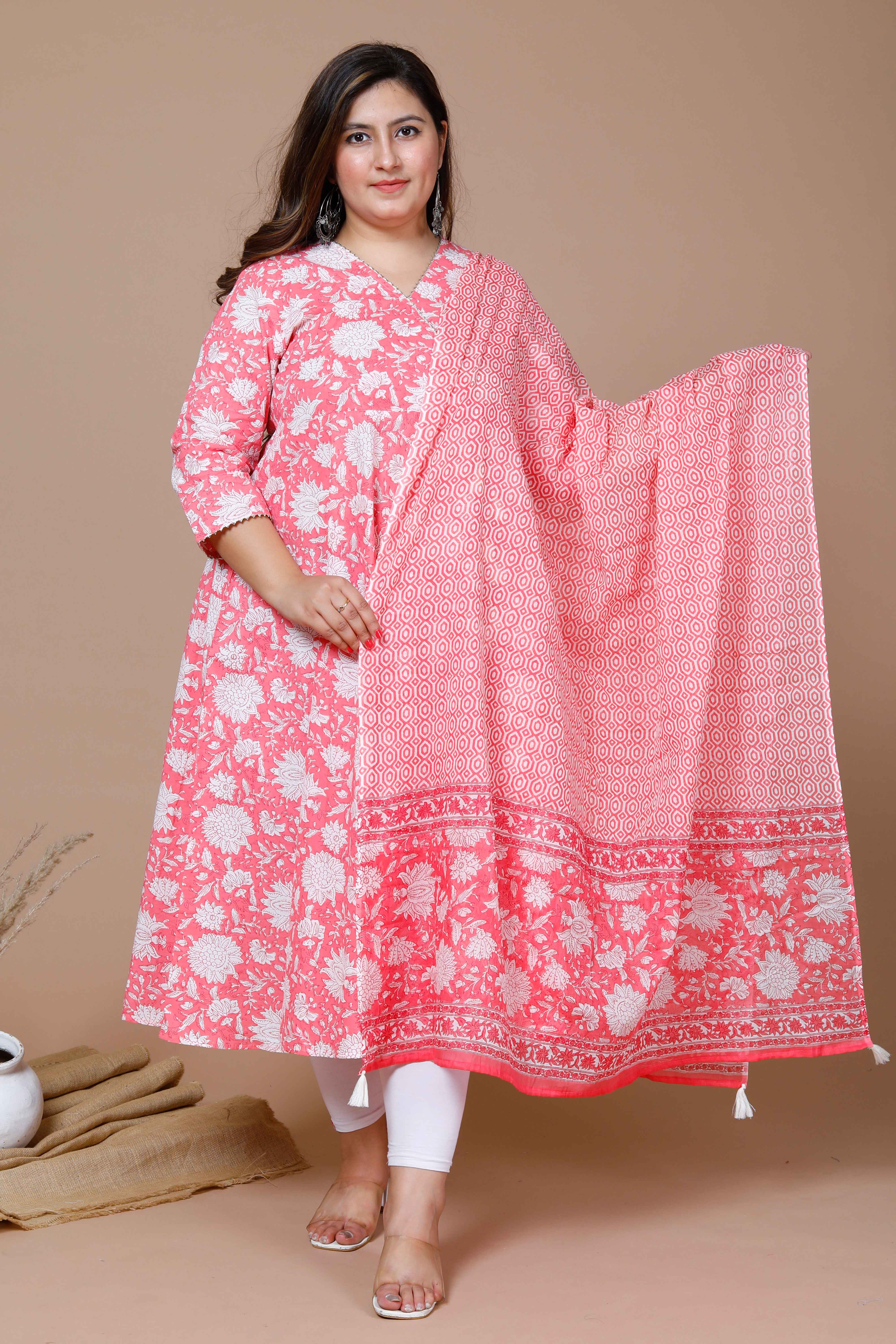 Pink Floral Printed Cotton Anarkali Kurta with Dupatta