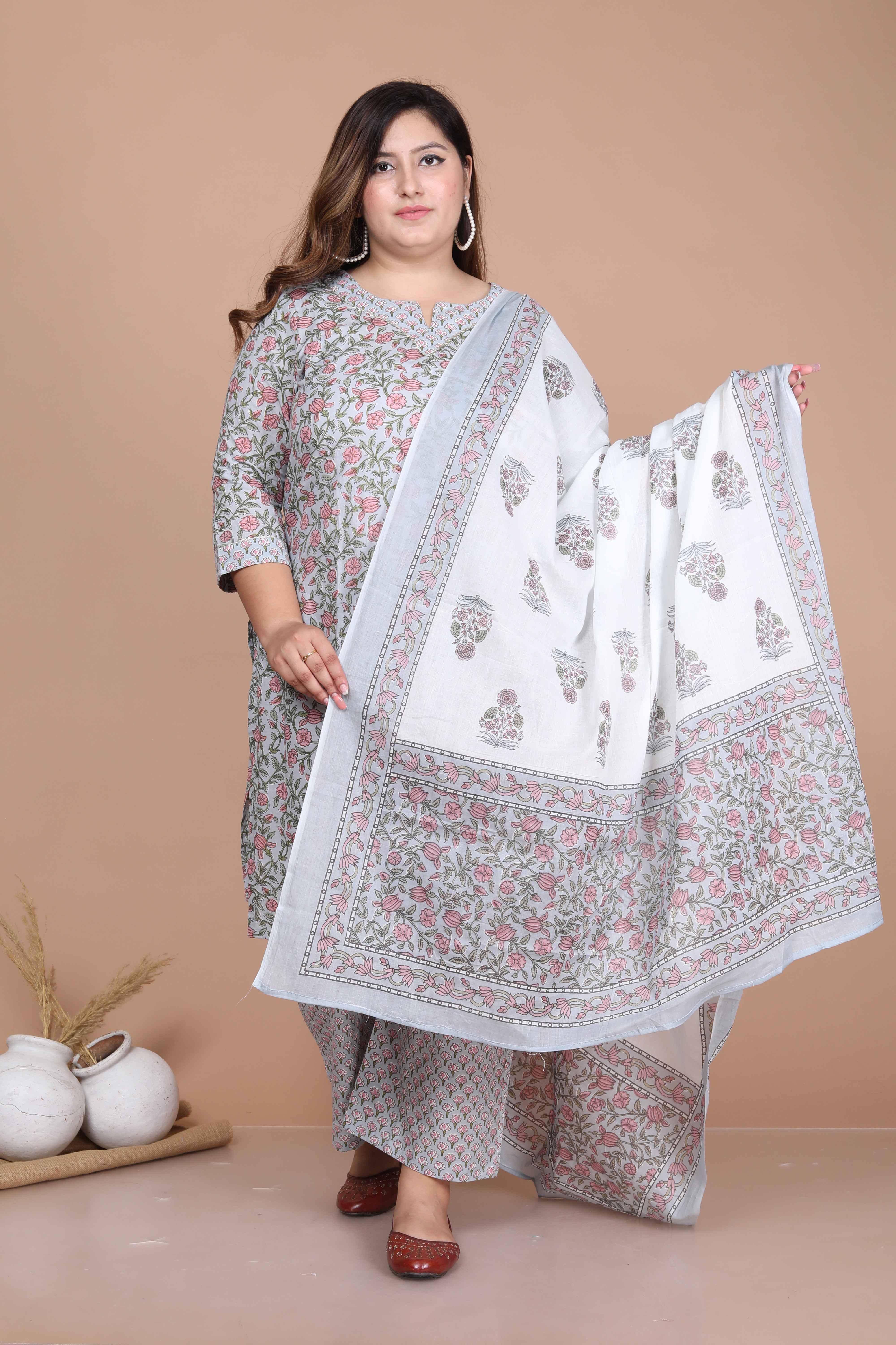 Blue Printed Cotton Straight Kurta with Palazzo and Dupatta Set