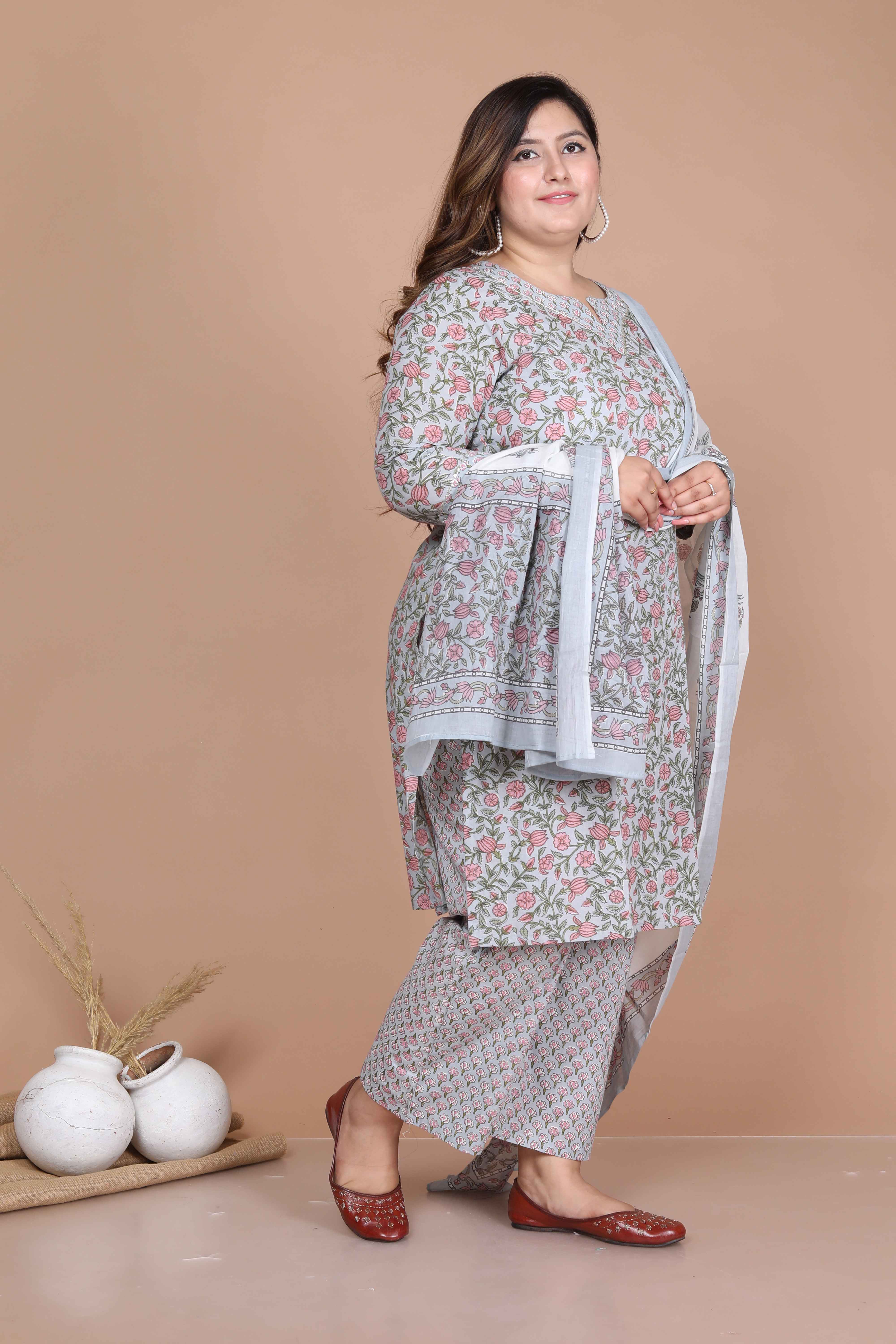 Blue Printed Cotton Straight Kurta with Palazzo and Dupatta Set