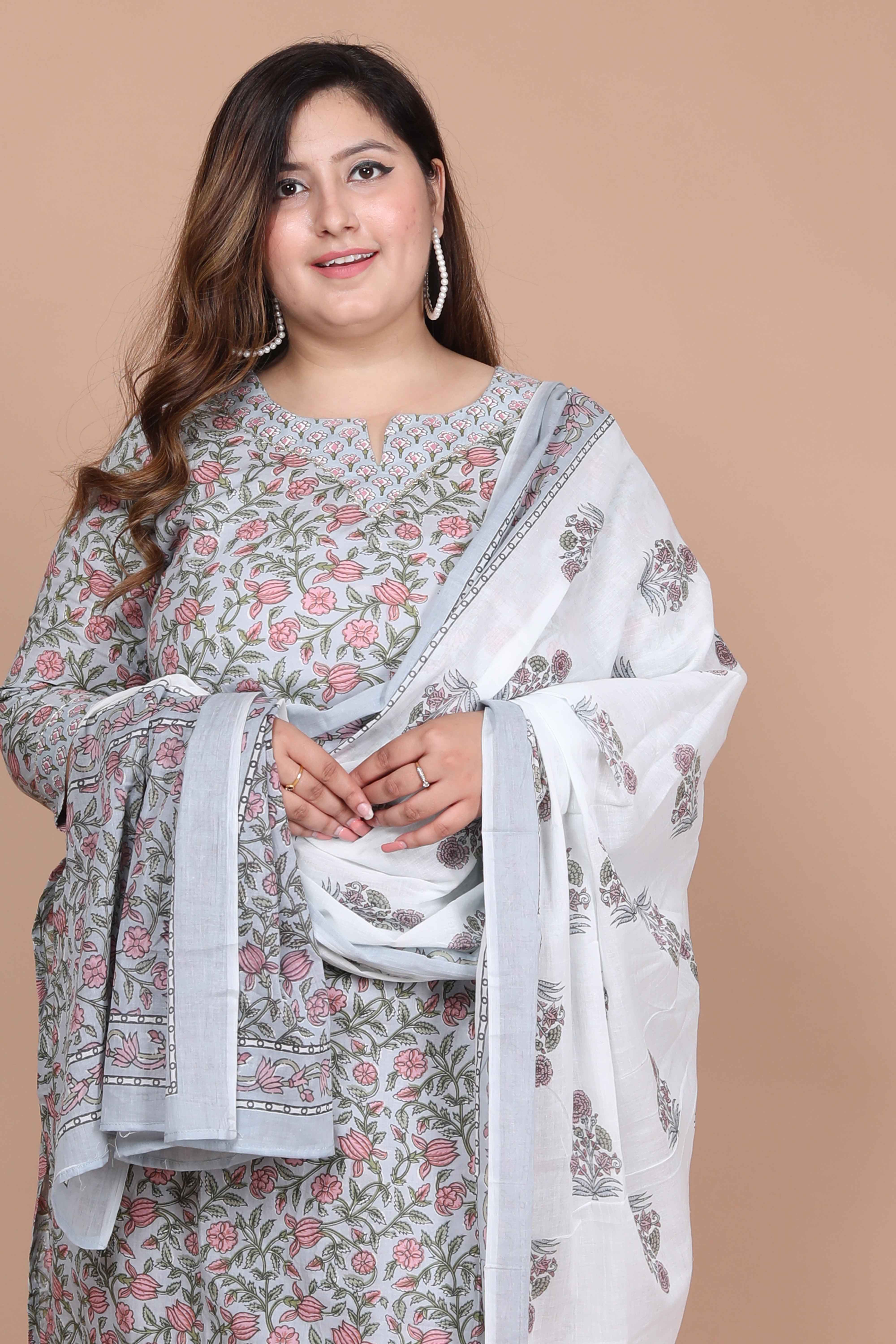 Blue Printed Cotton Straight Kurta with Palazzo and Dupatta Set