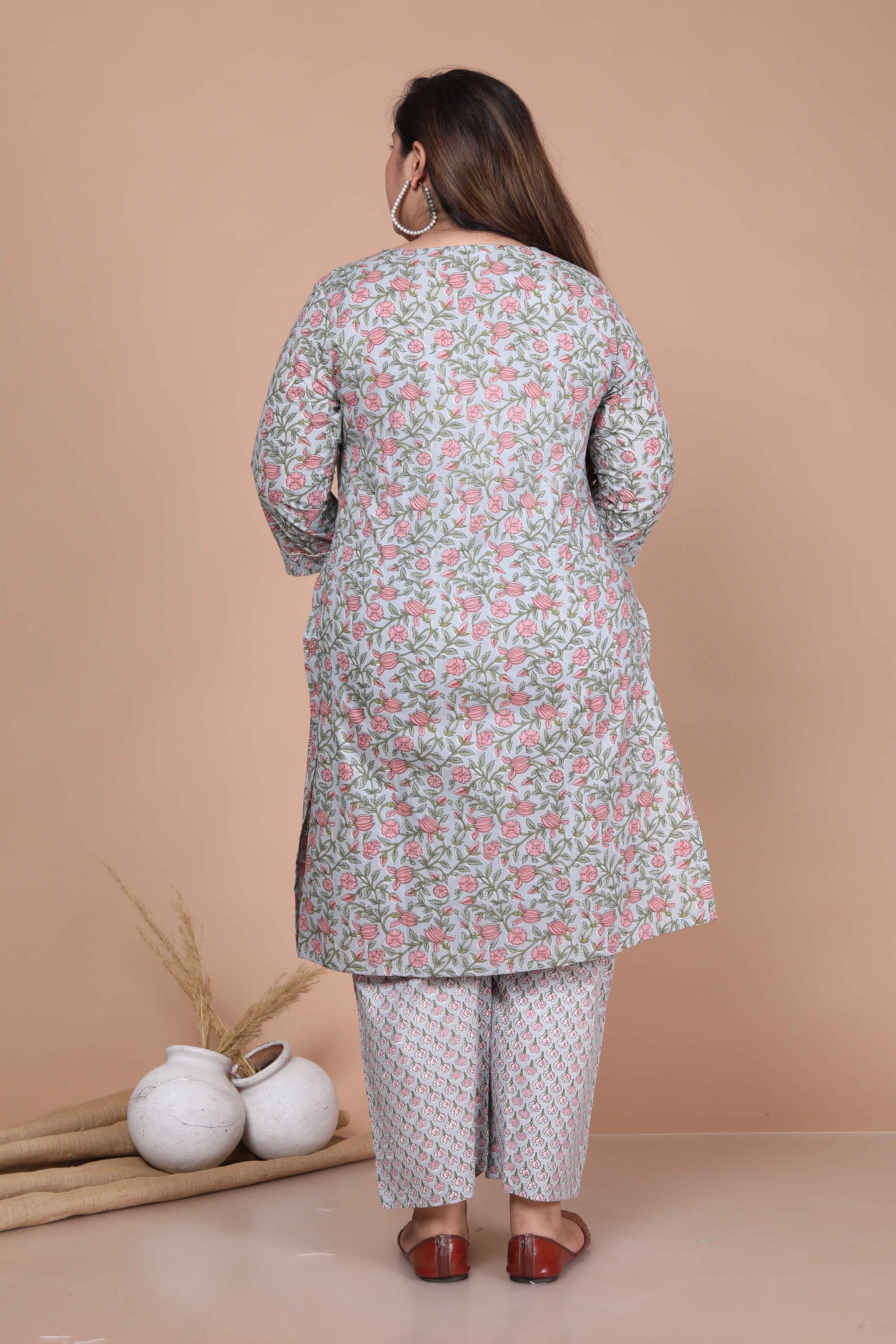 Blue Printed Cotton Straight Kurta with Palazzo and Dupatta Set