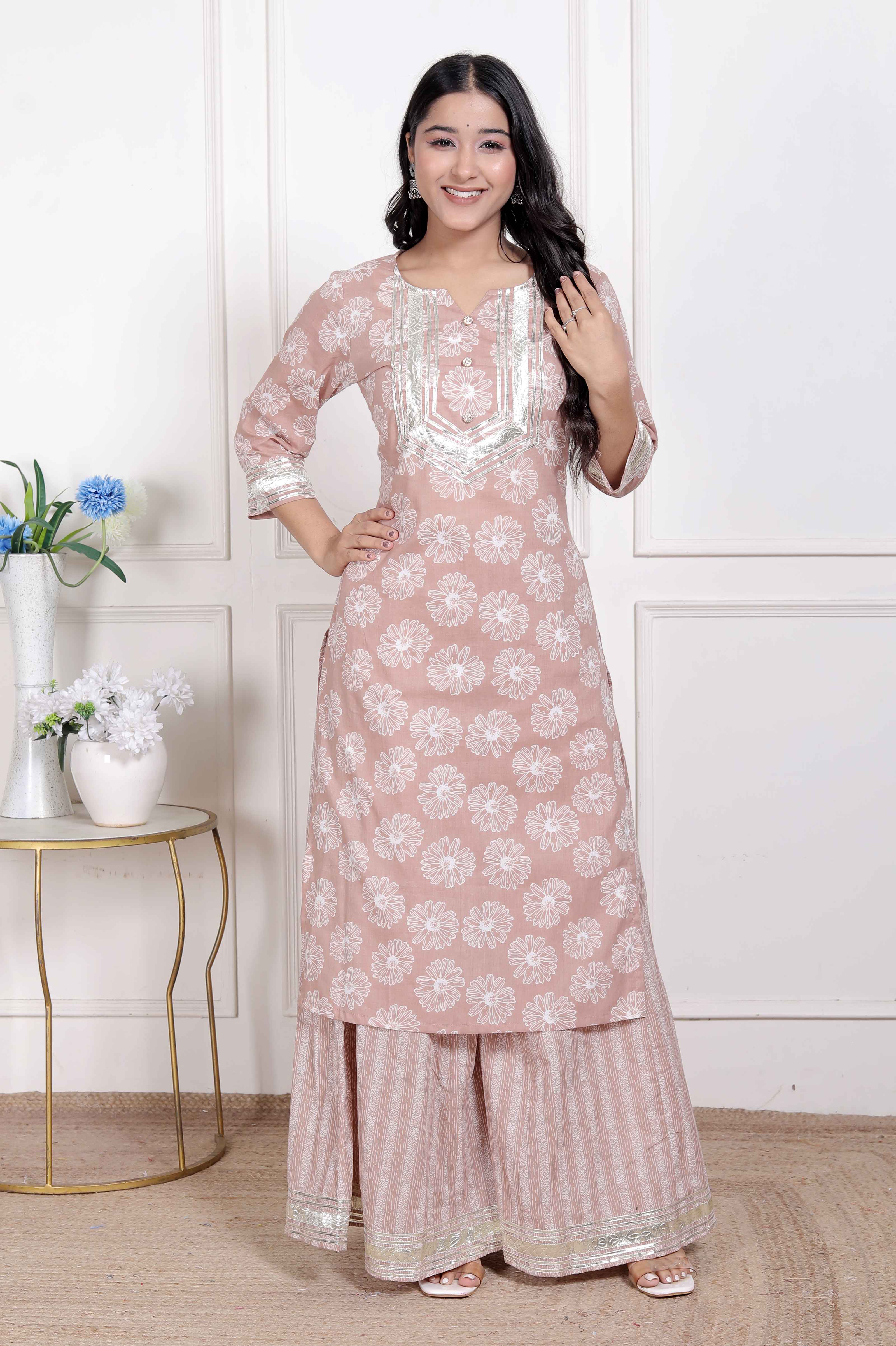 Brown Floral Printed Straight Ethnic Kurta with Palazzo