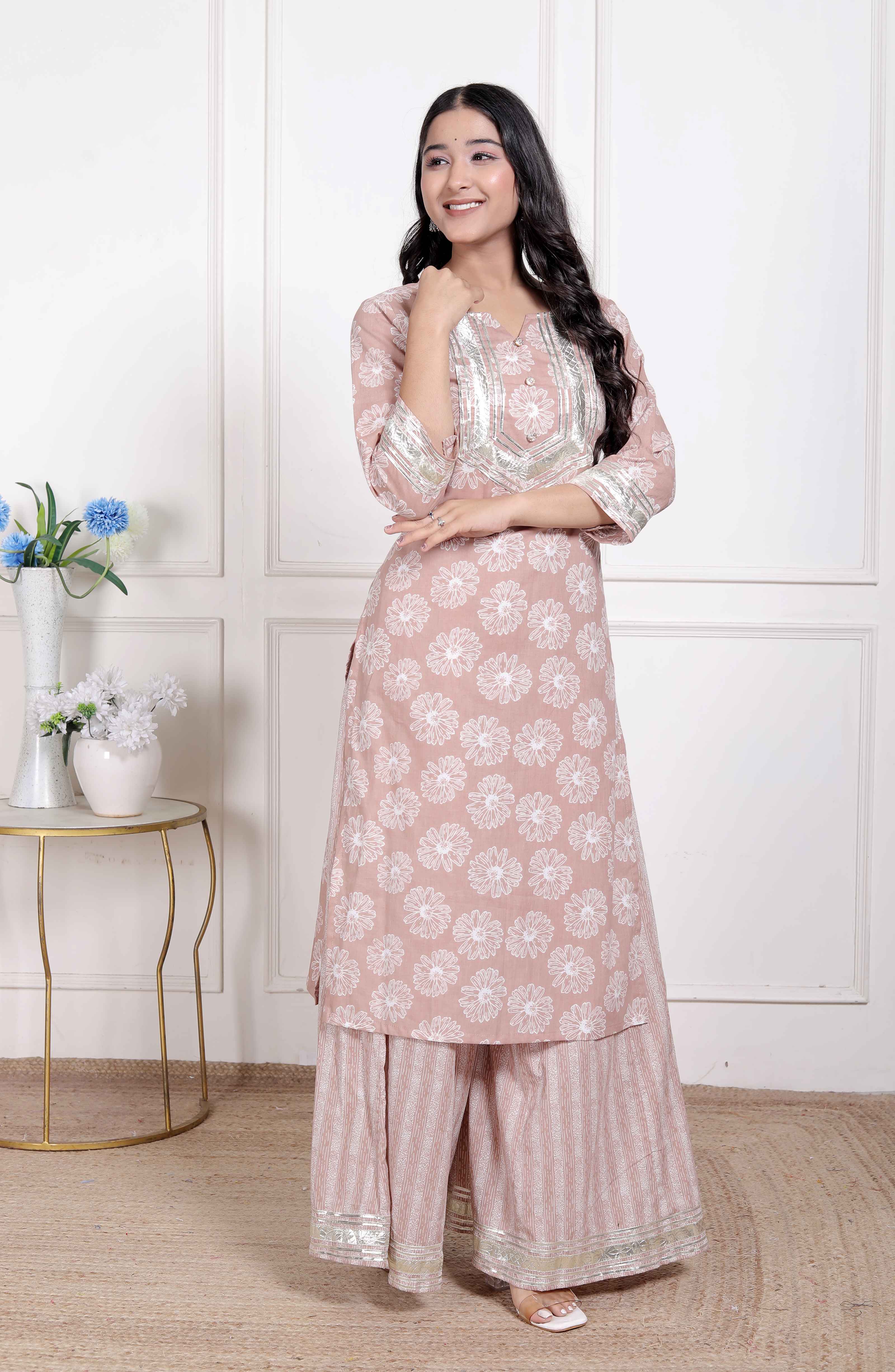 Brown Floral Printed Straight Ethnic Kurta with Palazzo