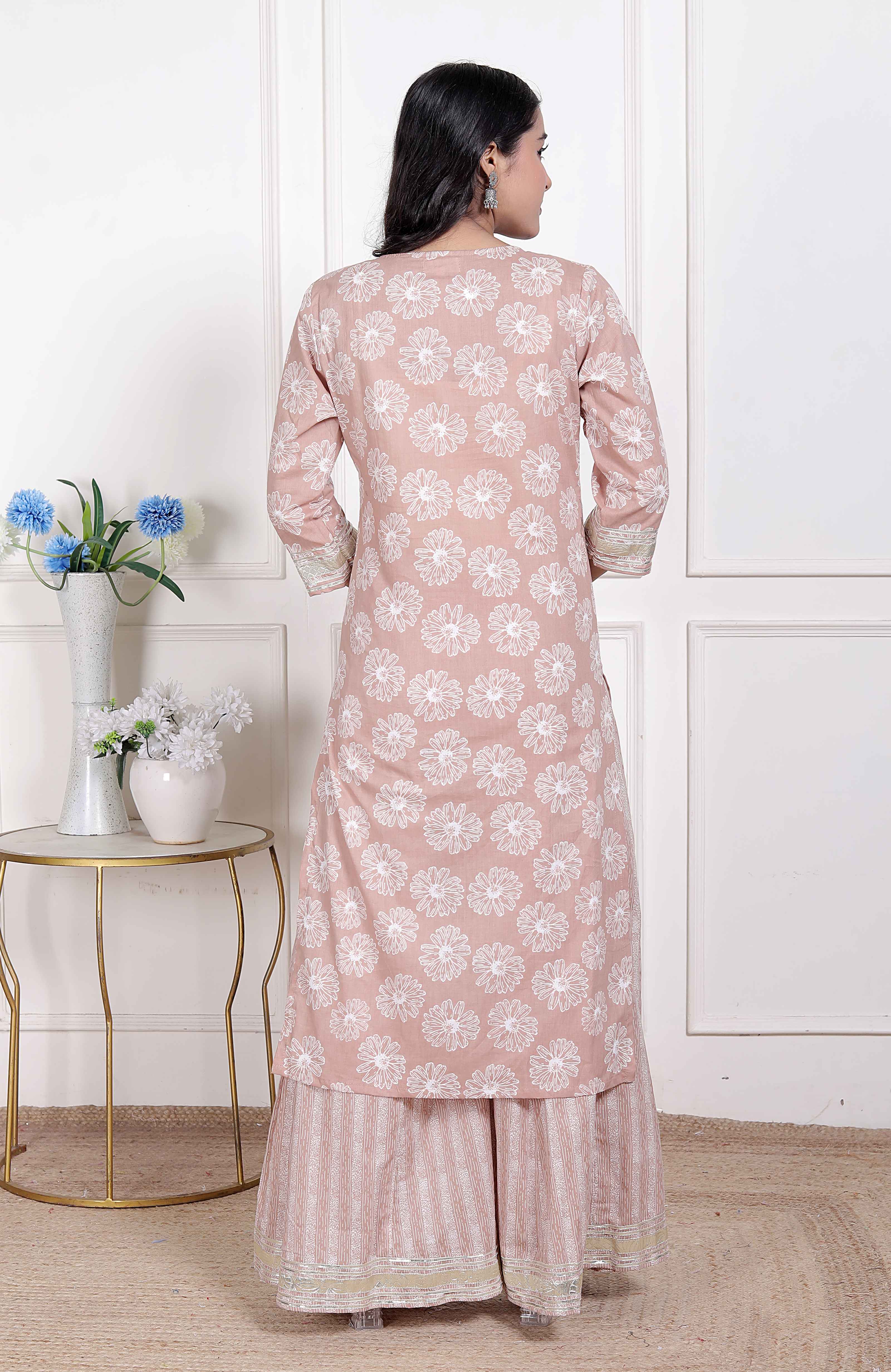 Brown Floral Printed Straight Ethnic Kurta with Palazzo