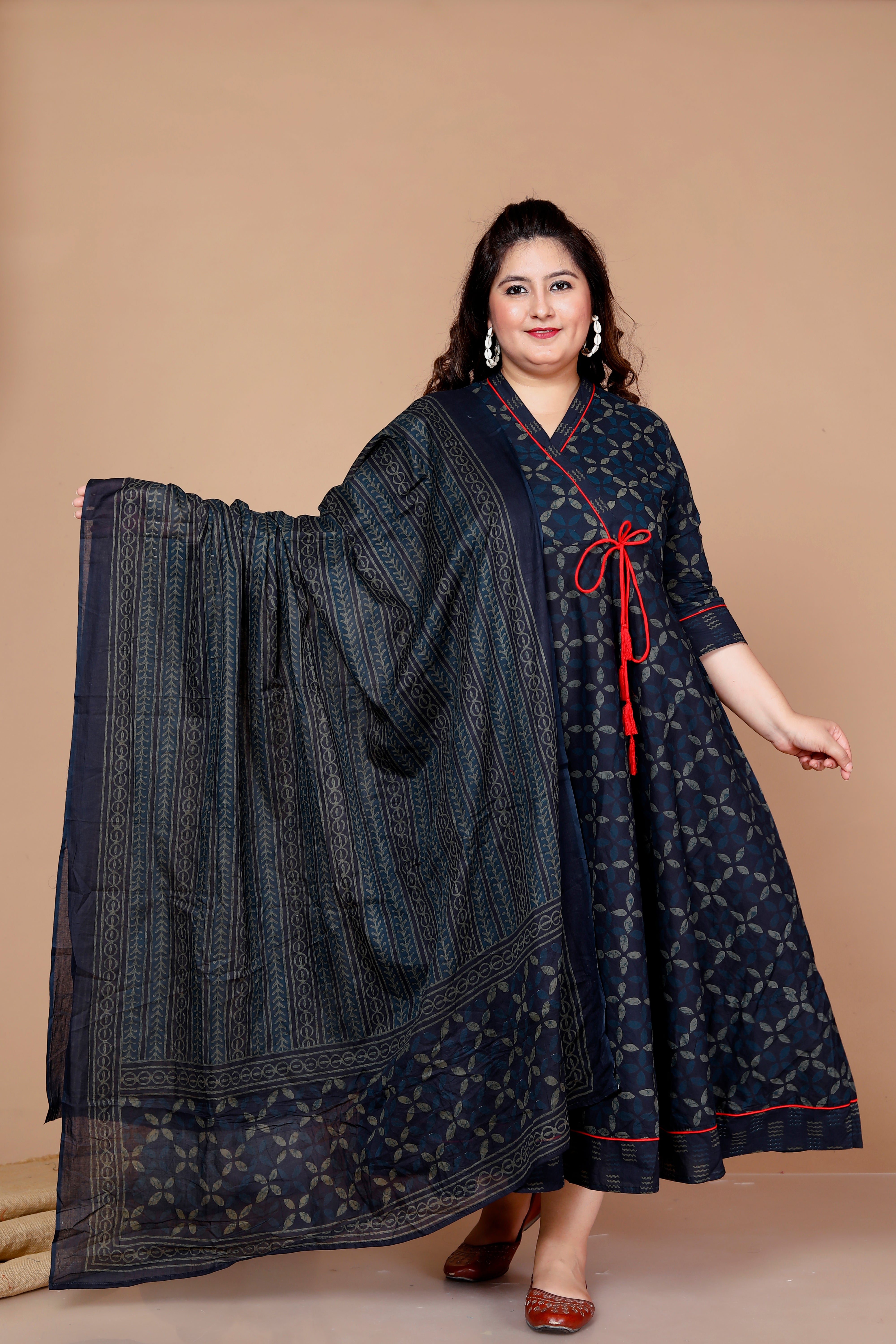 Blue Abstract Printed Cotton Angrakha Kurta with Dupatta Set