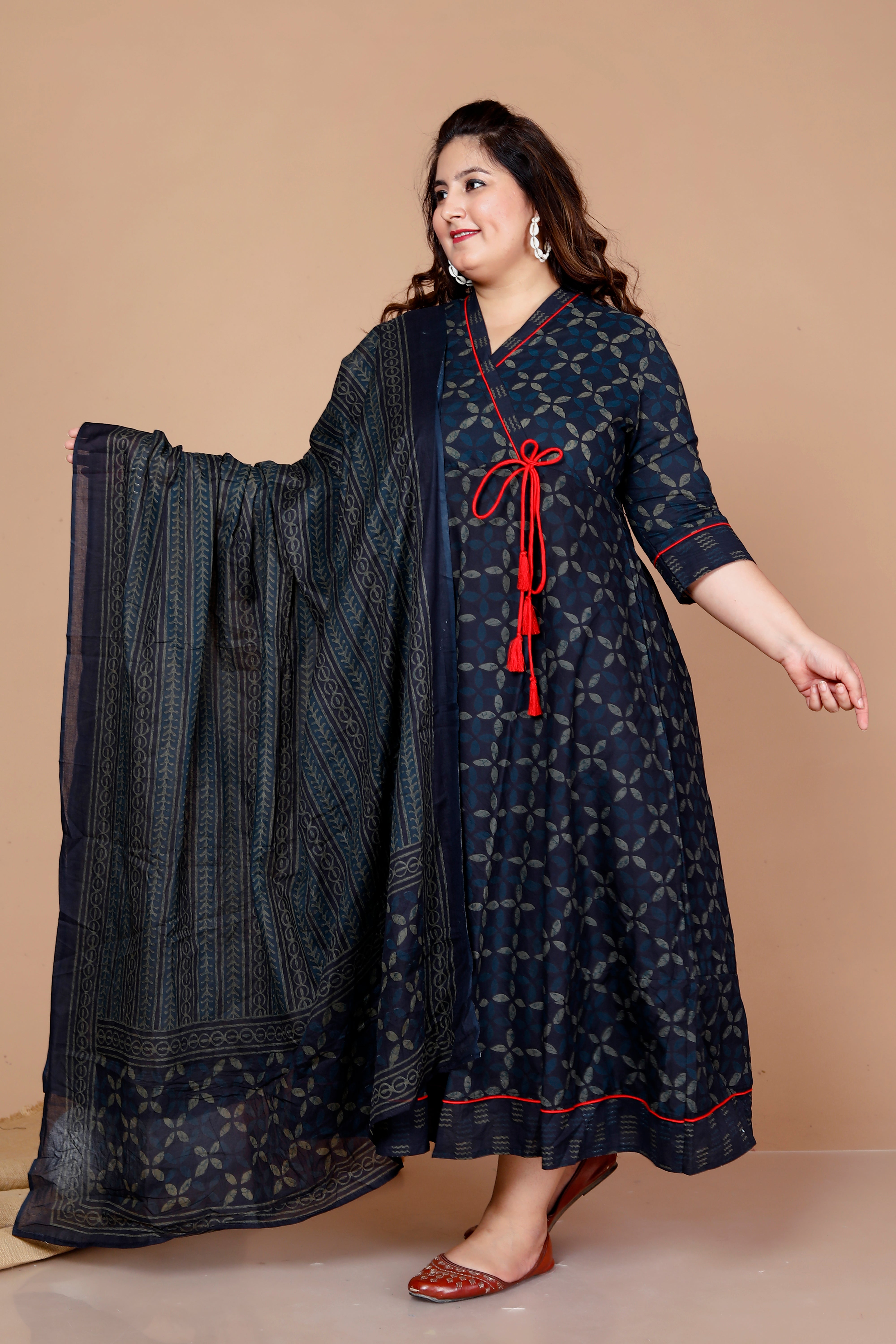 Blue Abstract Printed Cotton Angrakha Kurta with Dupatta Set