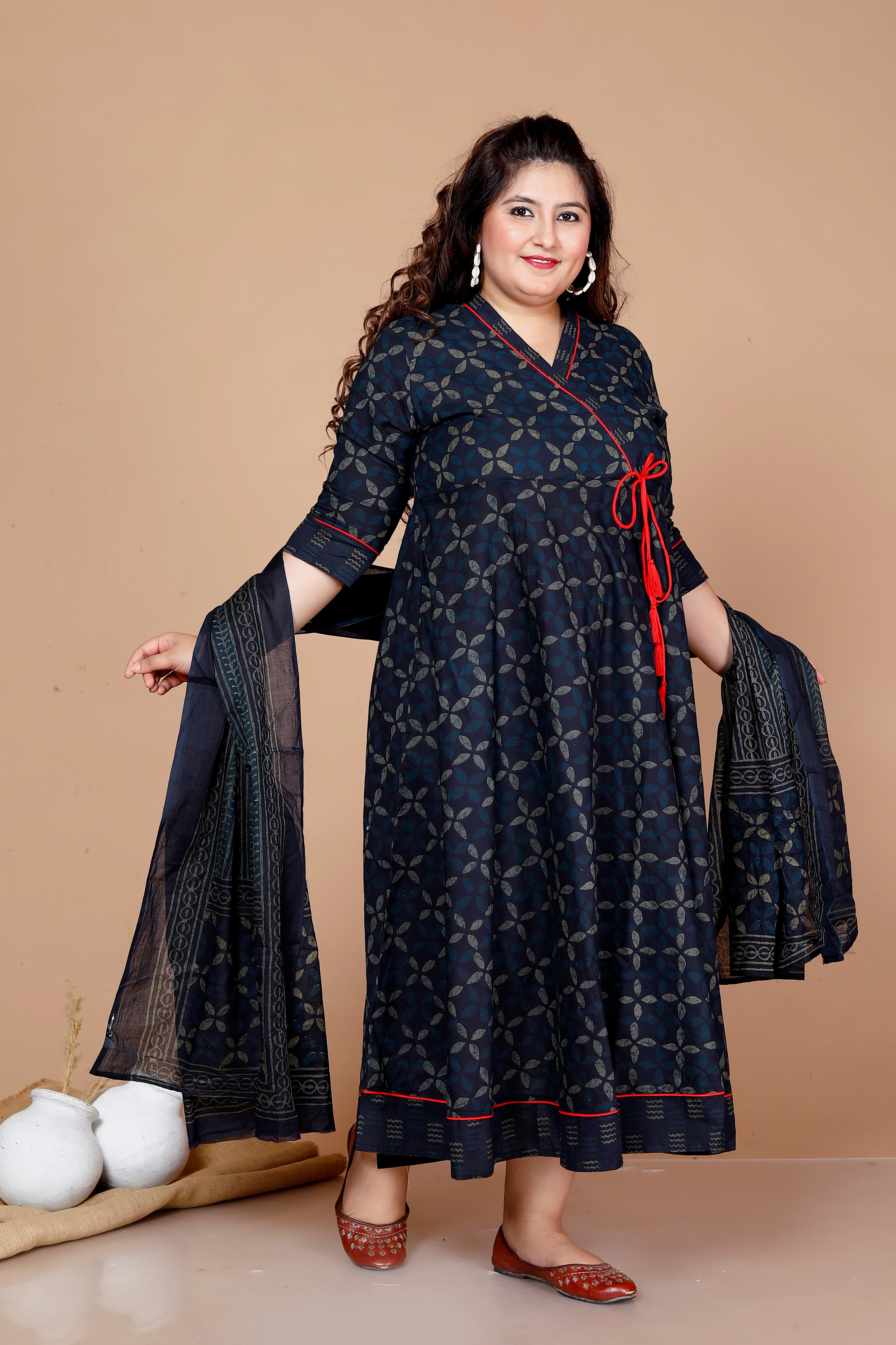 Blue Abstract Printed Cotton Angrakha Kurta with Dupatta Set