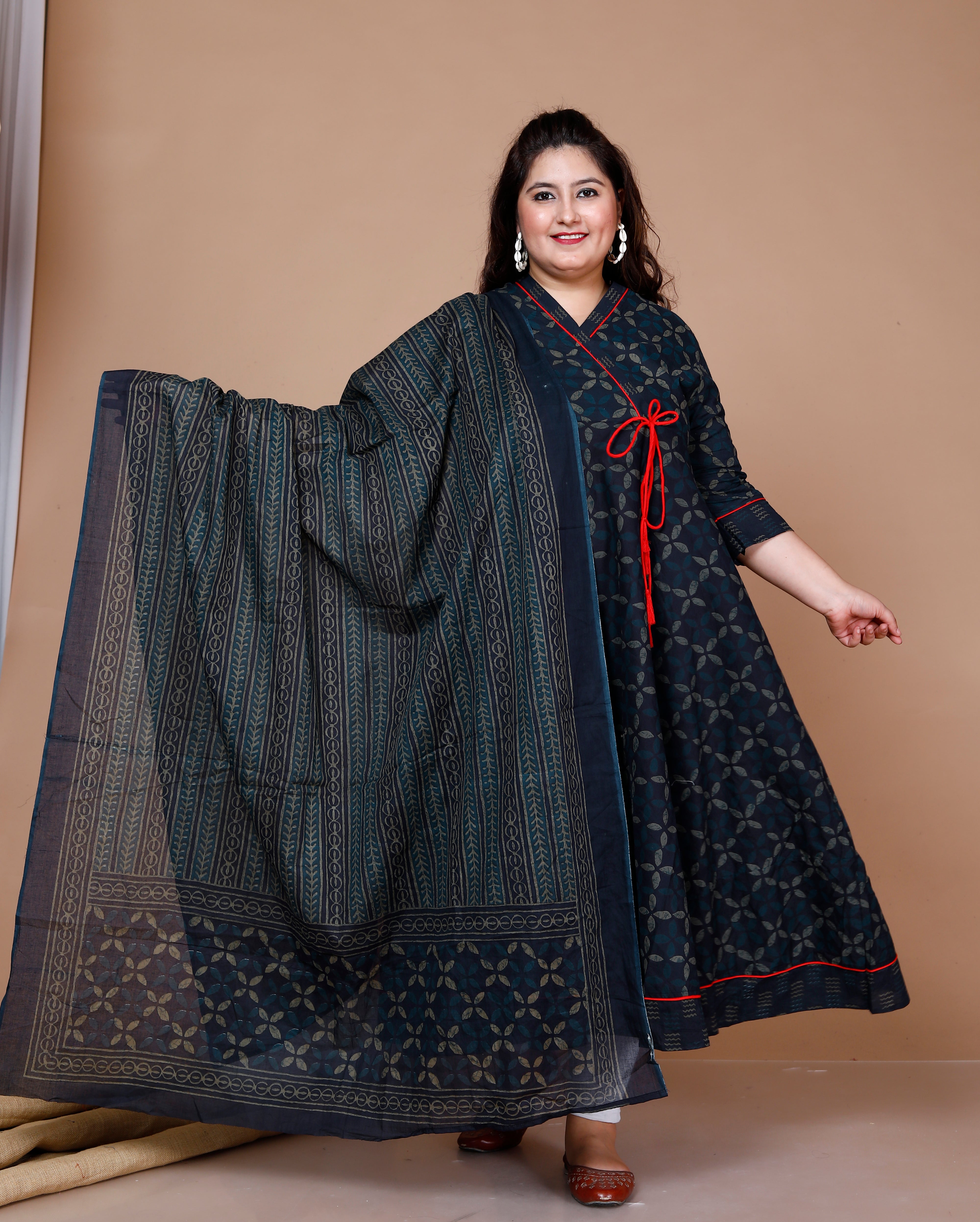 Blue Abstract Printed Cotton Angrakha Kurta with Dupatta Set