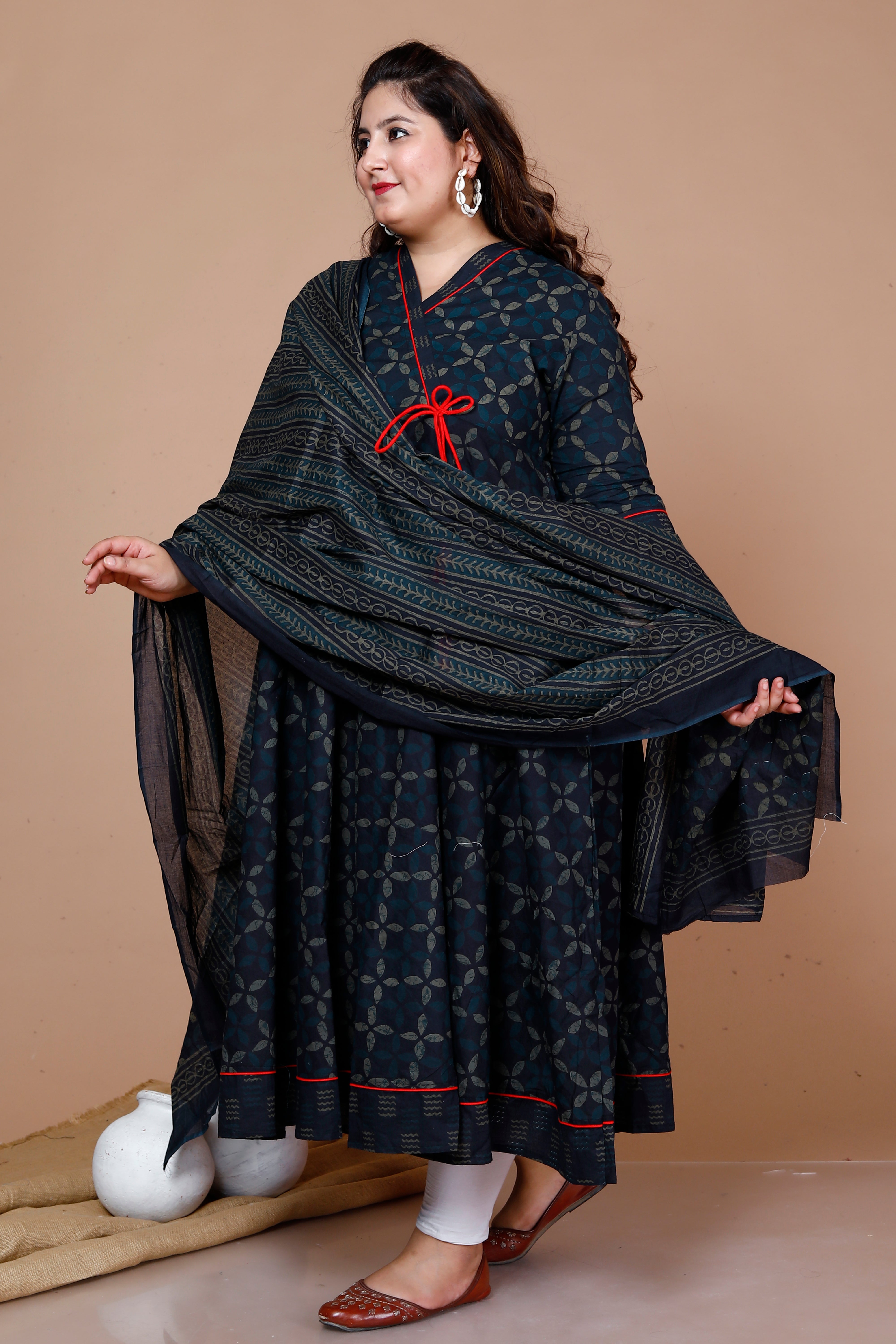 Blue Abstract Printed Cotton Angrakha Kurta with Dupatta Set