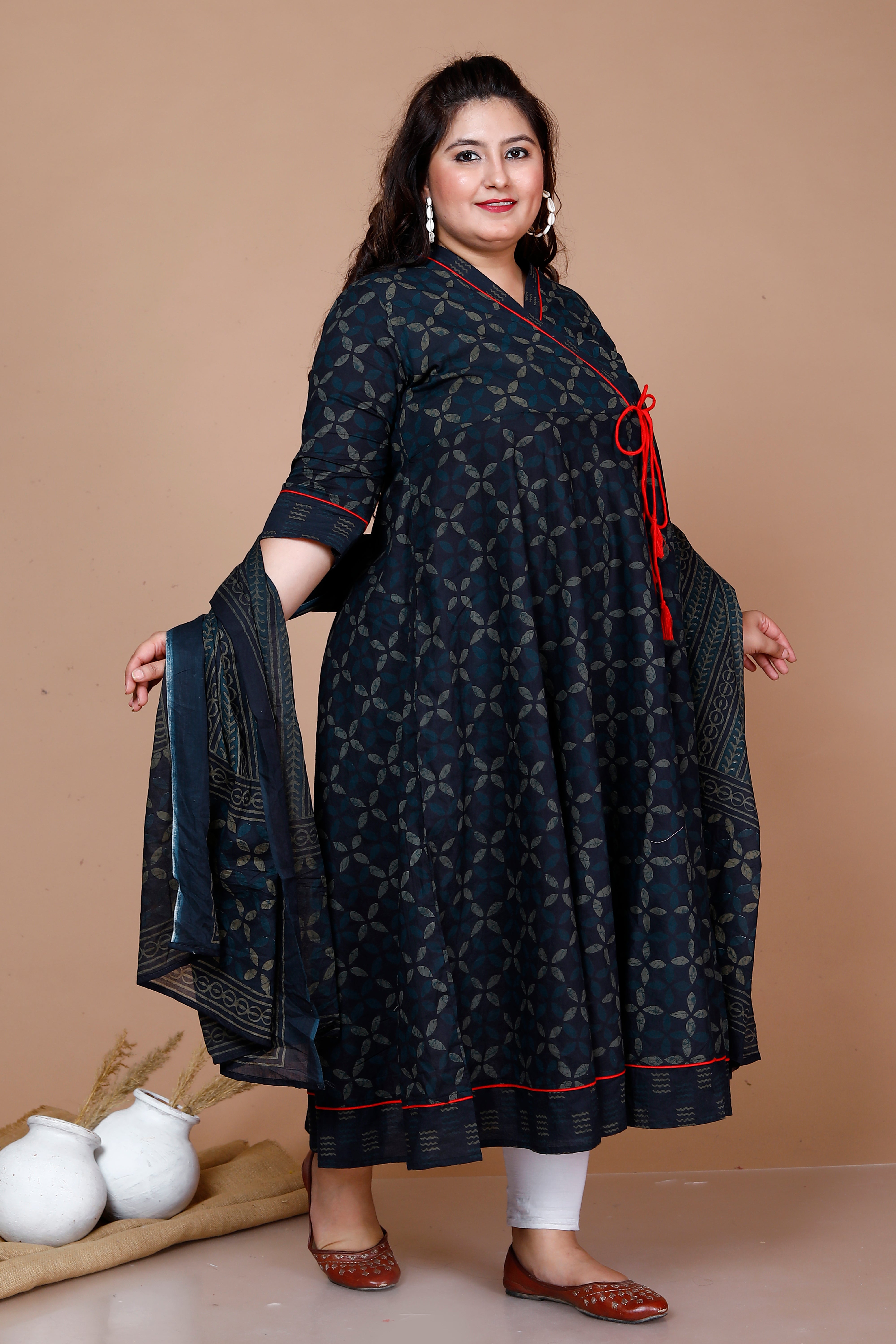 Blue Abstract Printed Cotton Angrakha Kurta with Dupatta Set