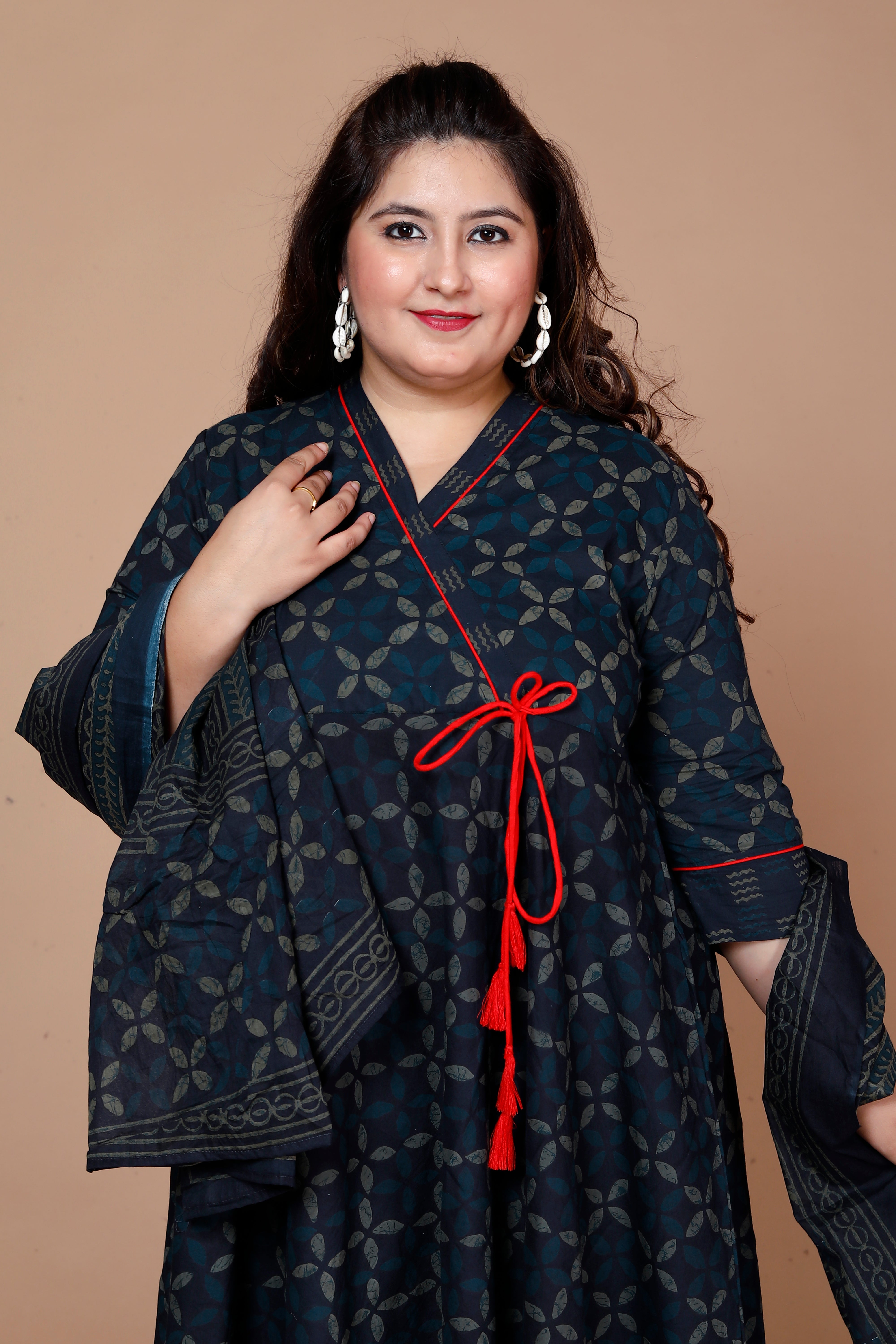 Blue Abstract Printed Cotton Angrakha Kurta with Dupatta Set