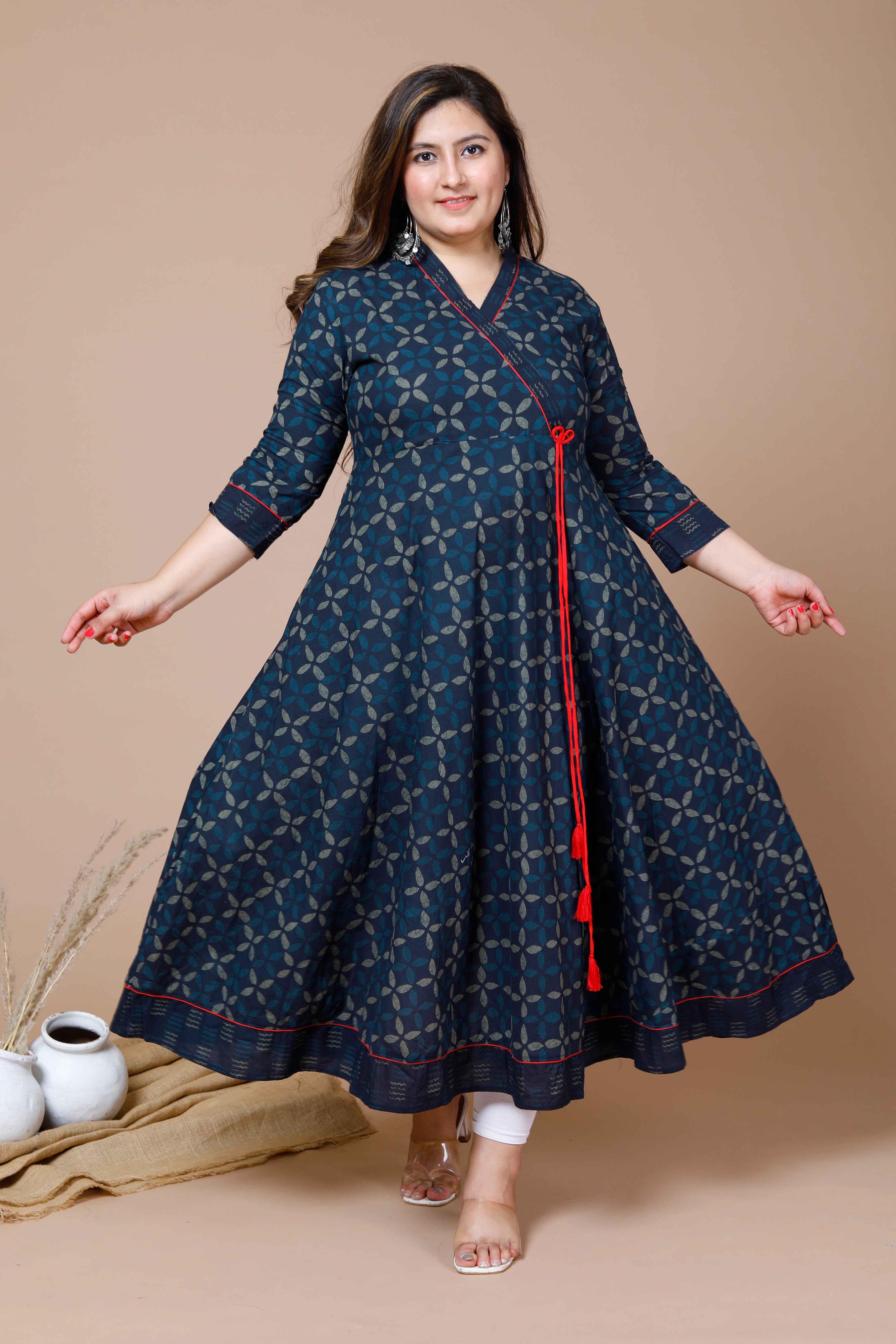Blue Abstract Printed Cotton Angrakha Style Anarkali Kurta