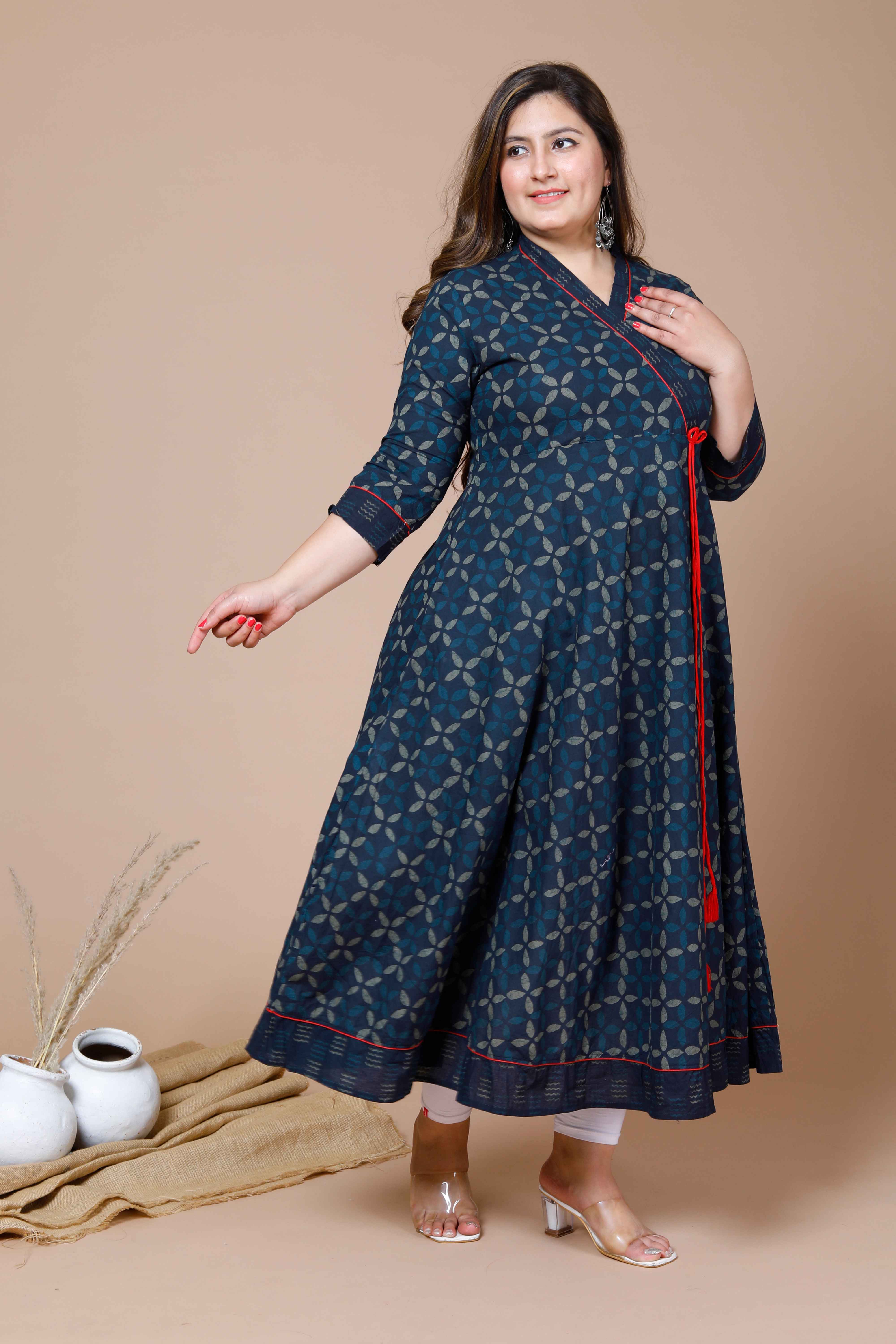 Blue Abstract Printed Cotton Angrakha Style Anarkali Kurta
