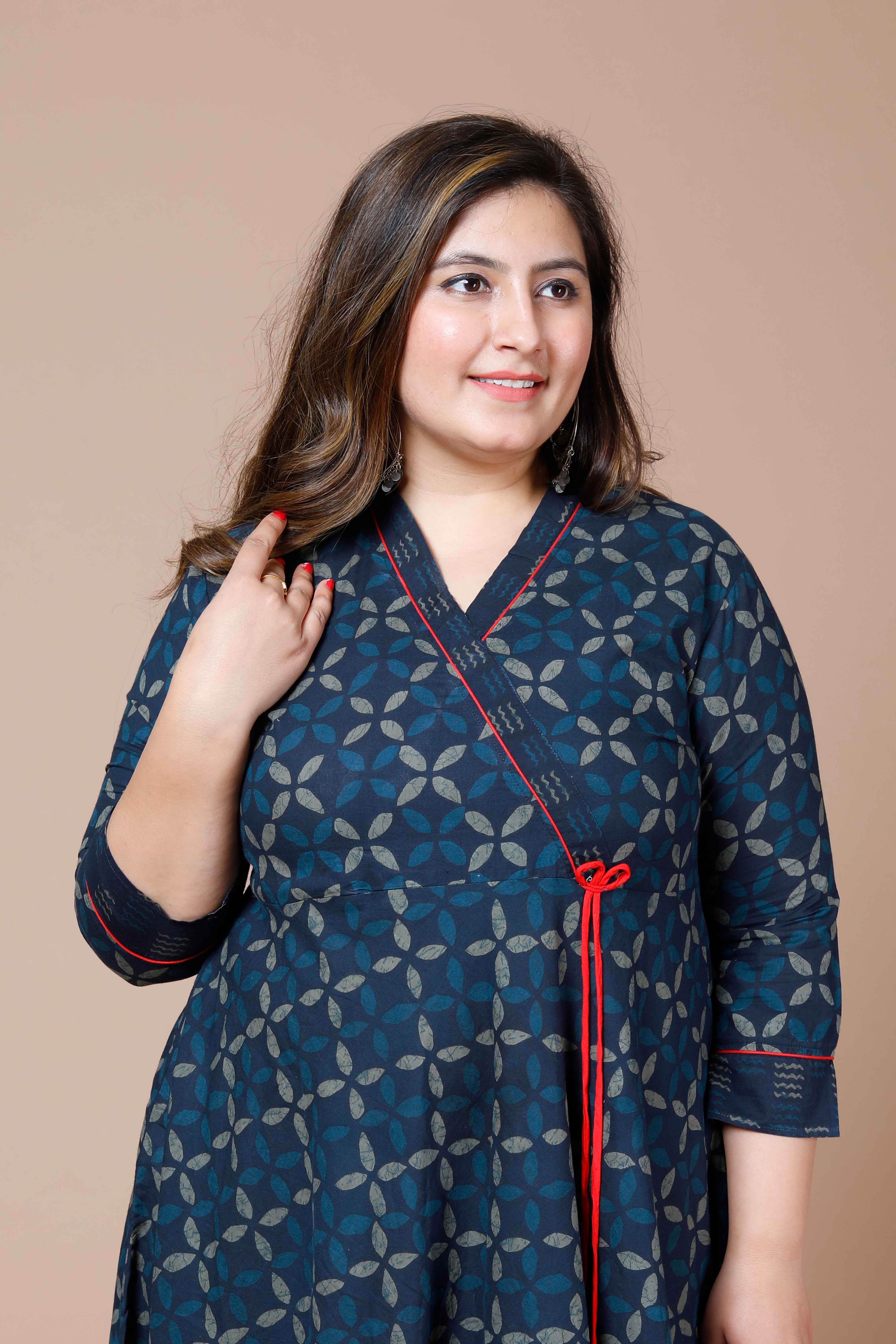 Blue Abstract Printed Cotton Angrakha Style Anarkali Kurta