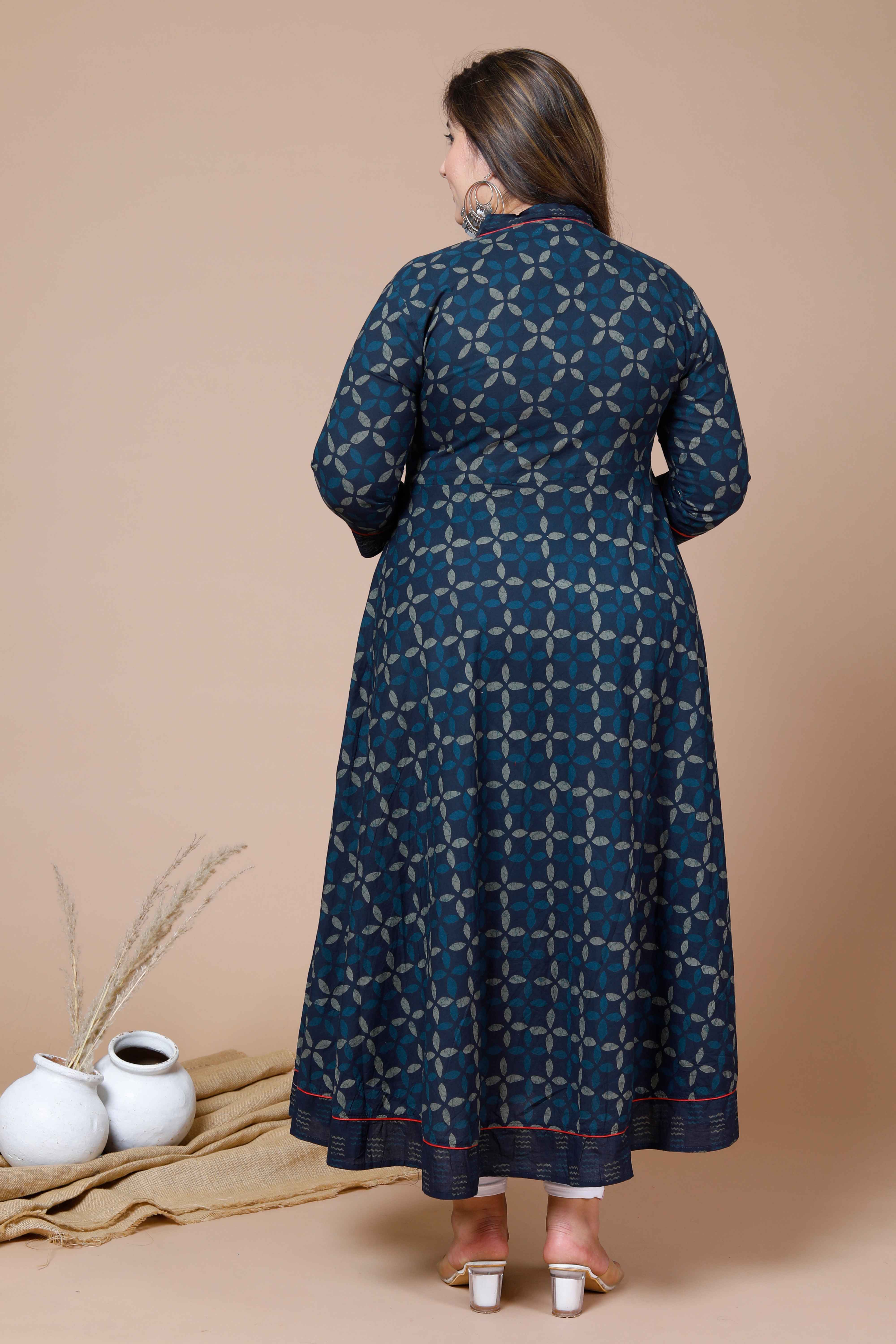 Blue Abstract Printed Cotton Angrakha Style Anarkali Kurta