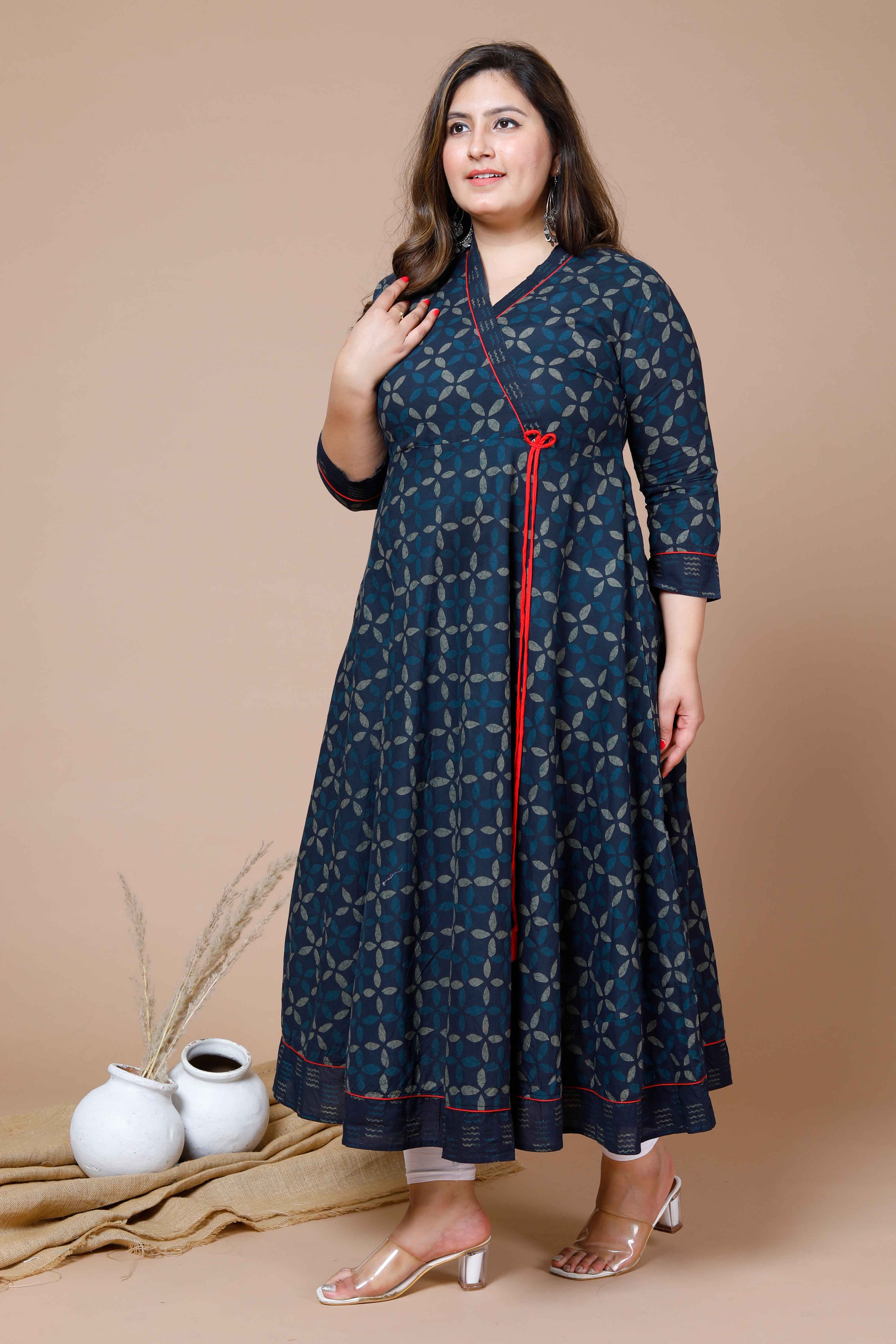 Blue Abstract Printed Cotton Angrakha Style Anarkali Kurta