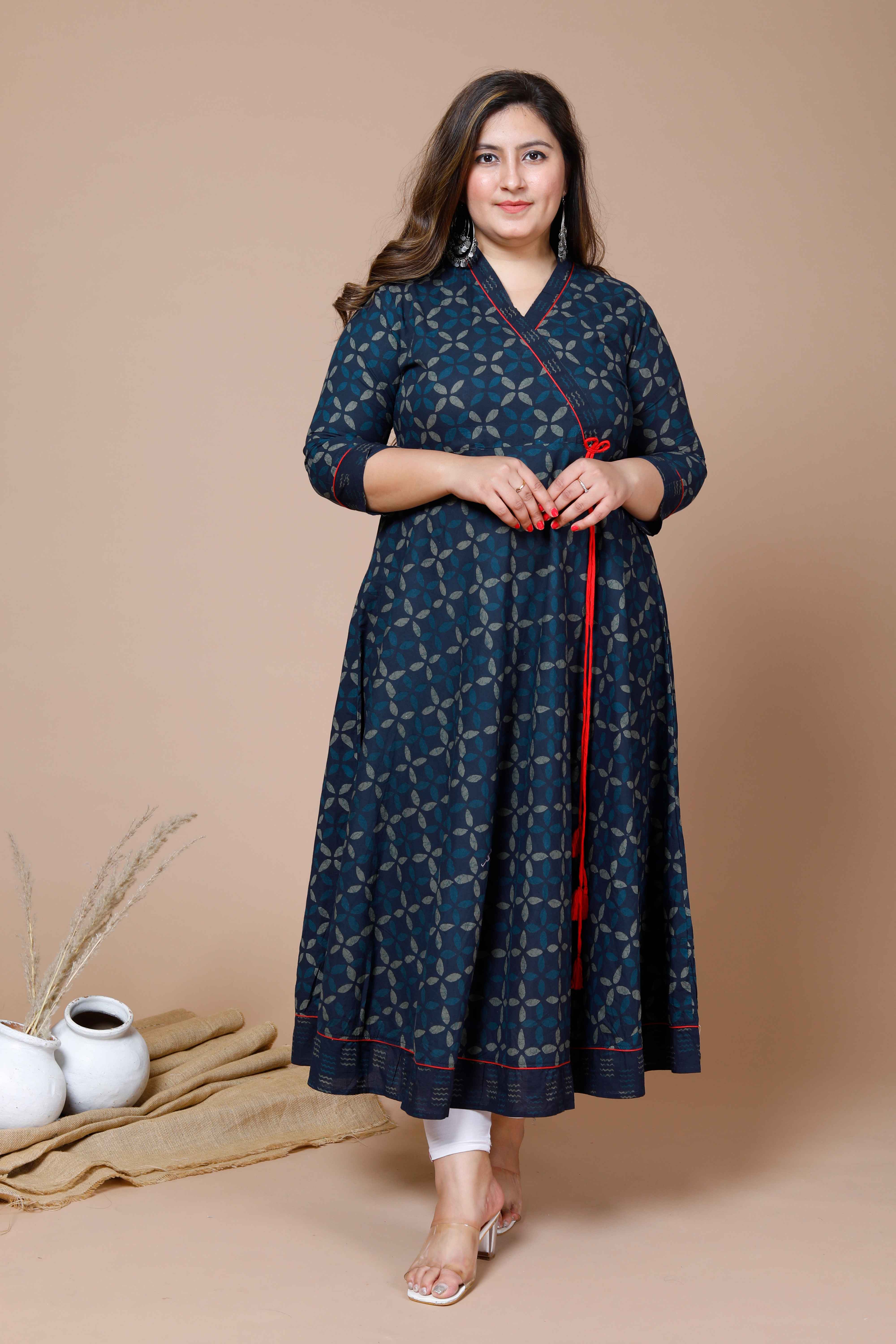 Blue Abstract Printed Cotton Angrakha Style Anarkali Kurta