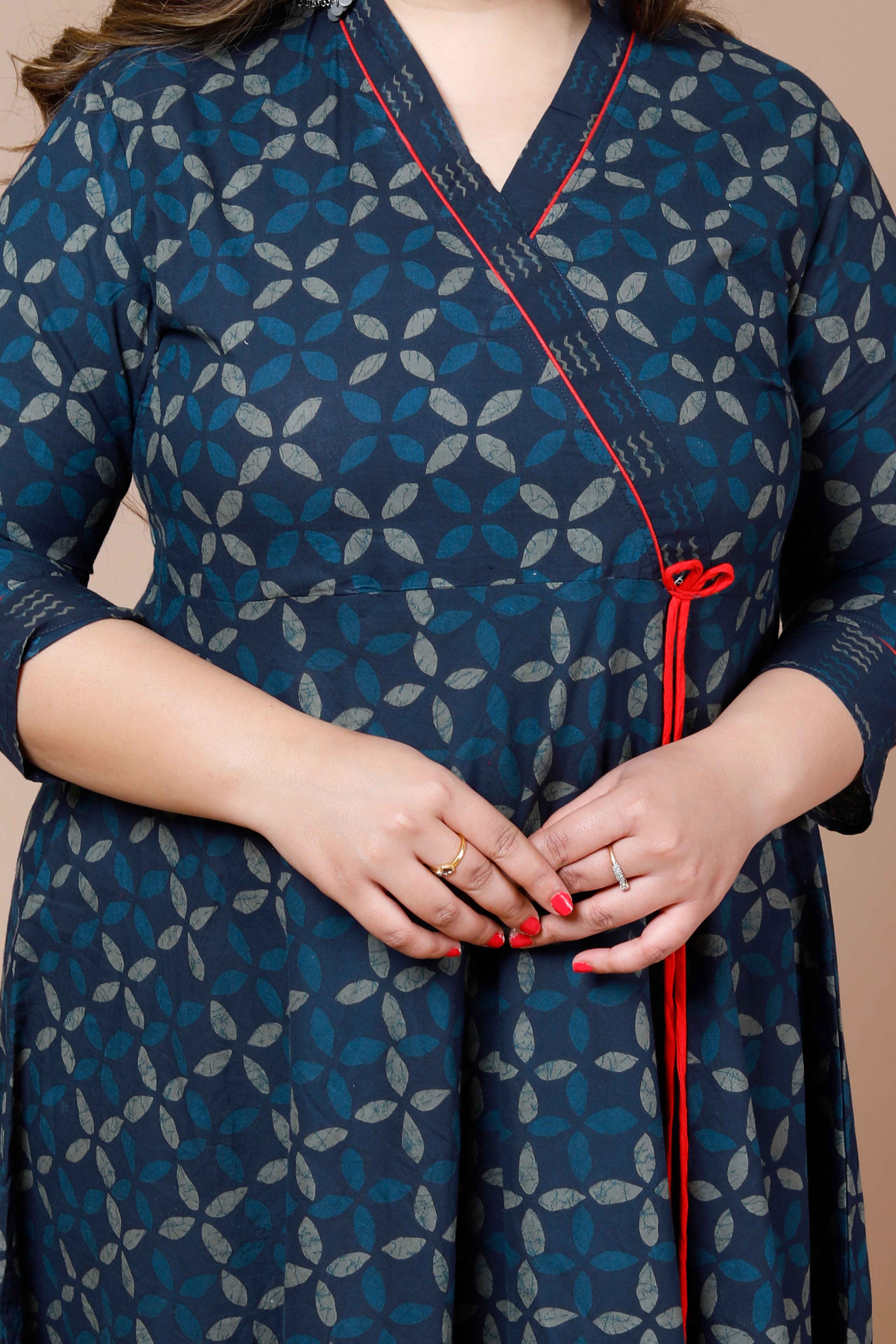 Blue Abstract Printed Cotton Angrakha Style Anarkali Kurta