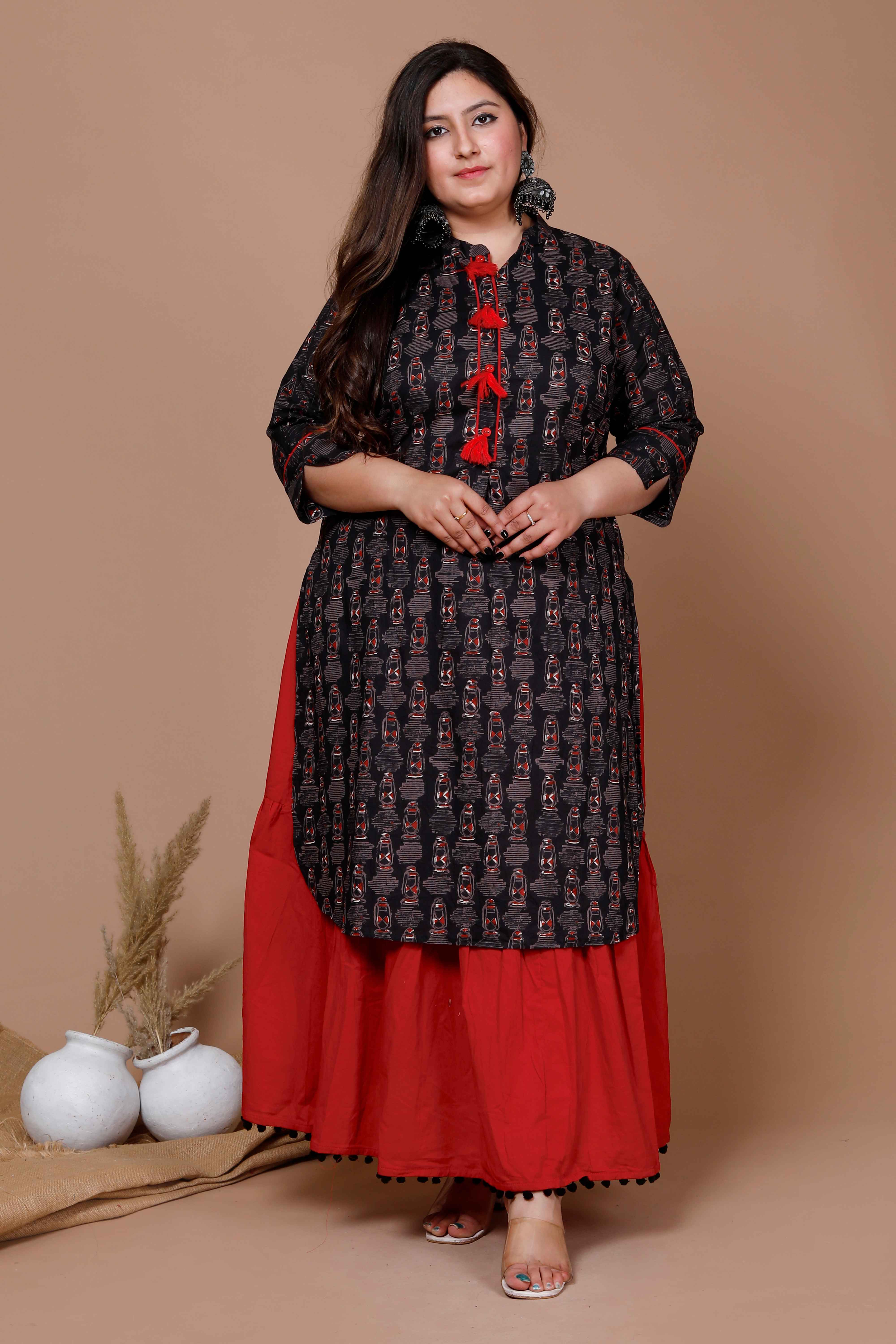 Black Floral Printed Cotton Kurta with Lace Detailing Solid Skirt Set