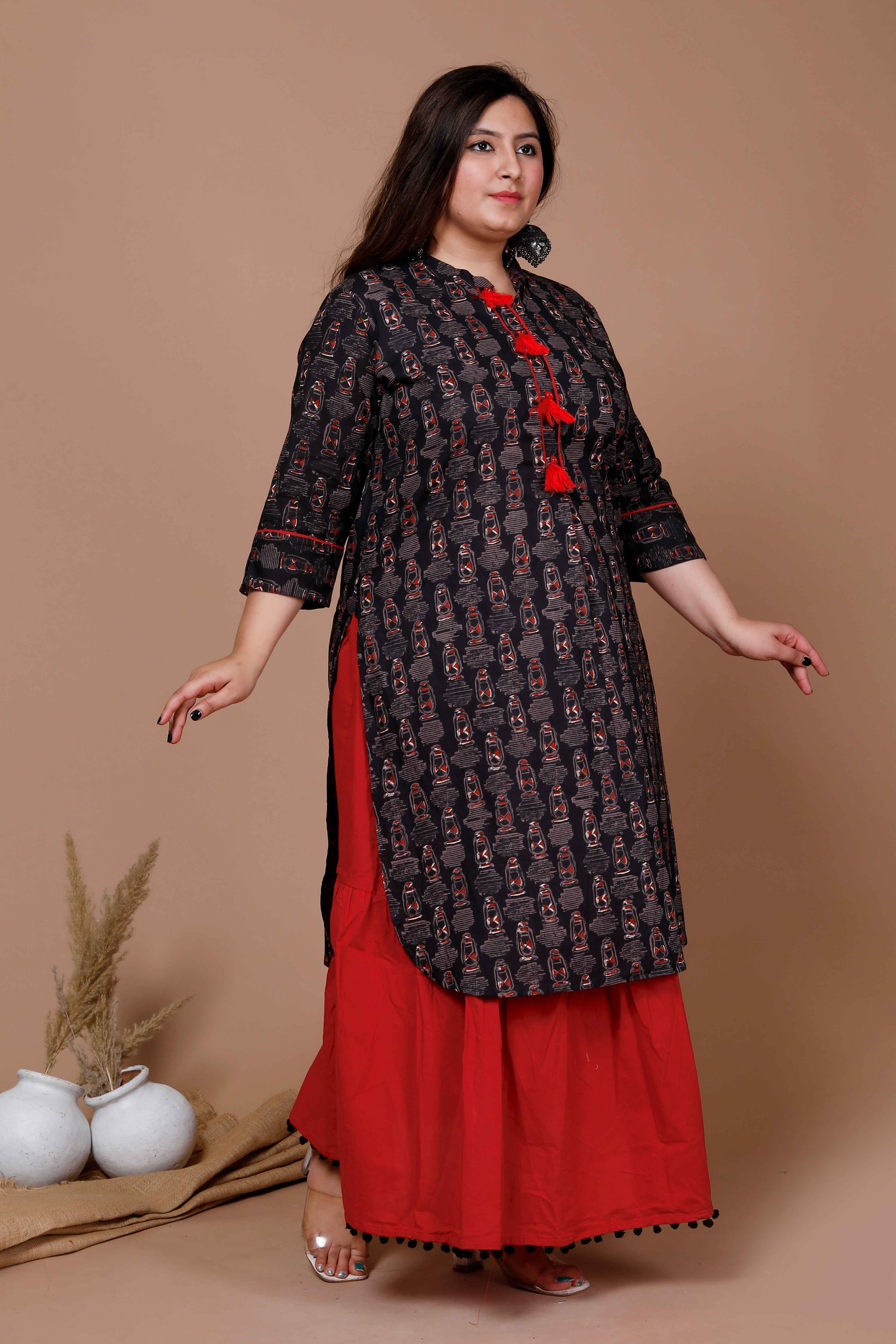 Black Floral Printed Cotton Kurta with Lace Detailing Solid Skirt Set
