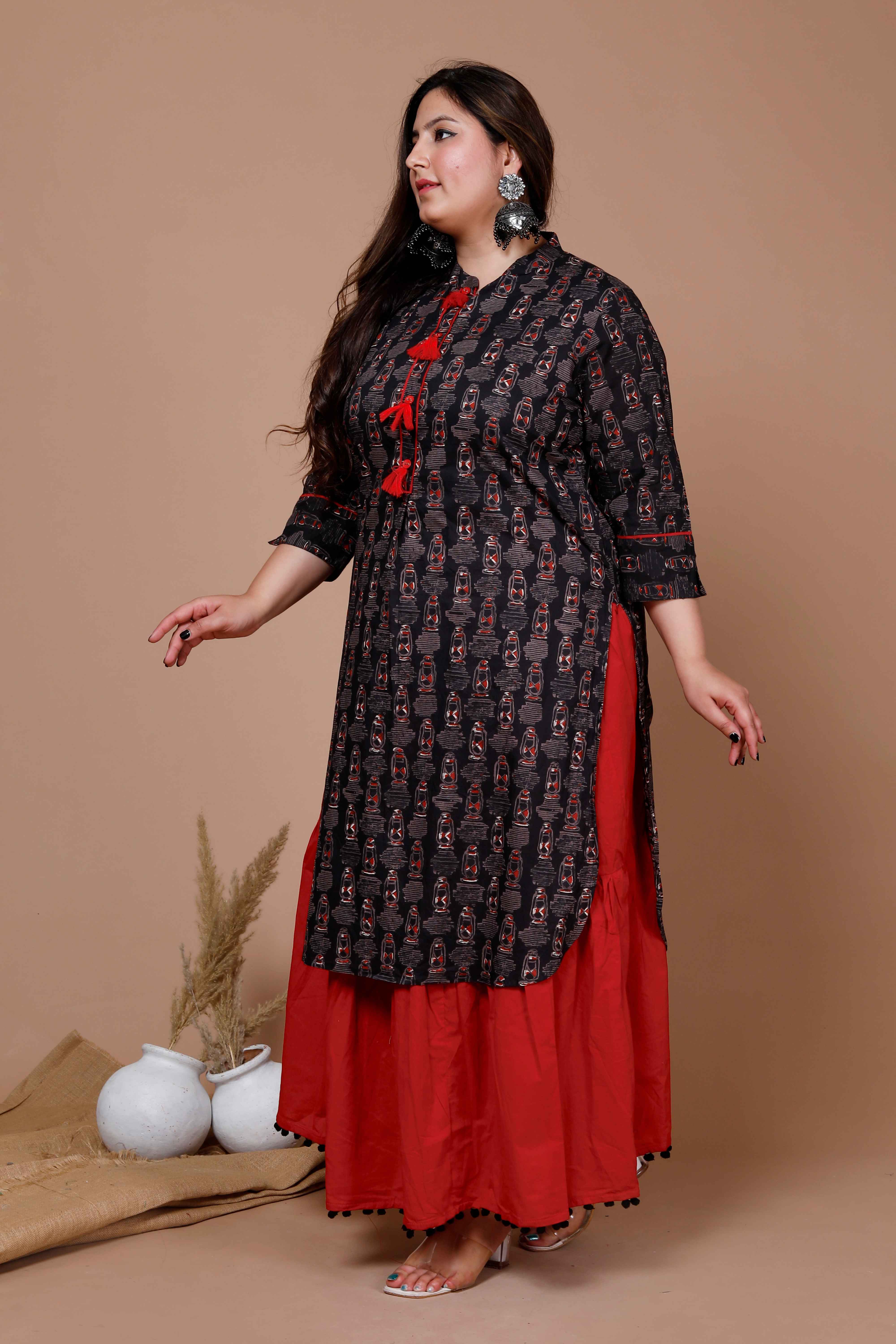 Black Floral Printed Cotton Kurta with Lace Detailing Solid Skirt Set