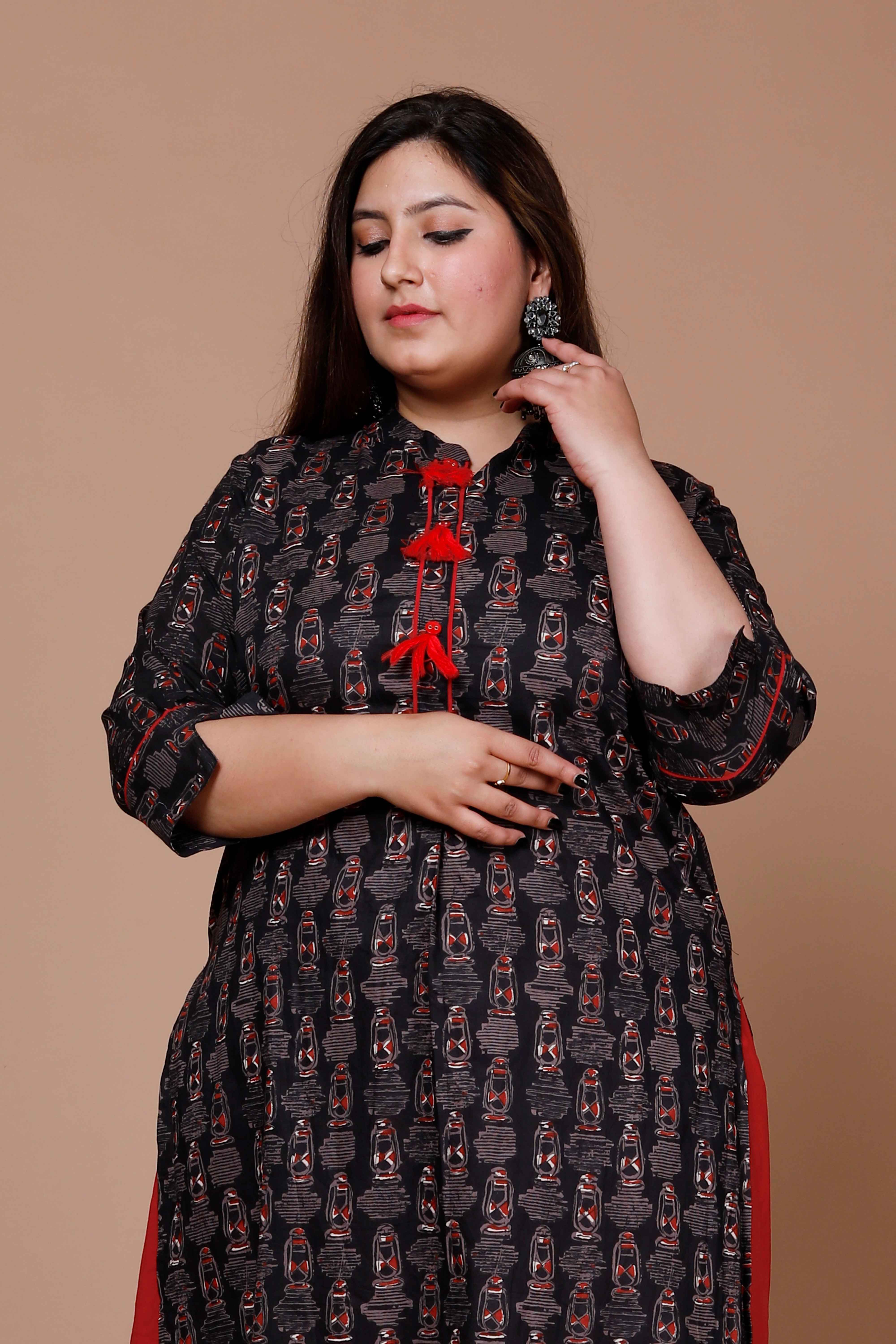 Black Floral Printed Cotton Kurta with Lace Detailing Solid Skirt Set