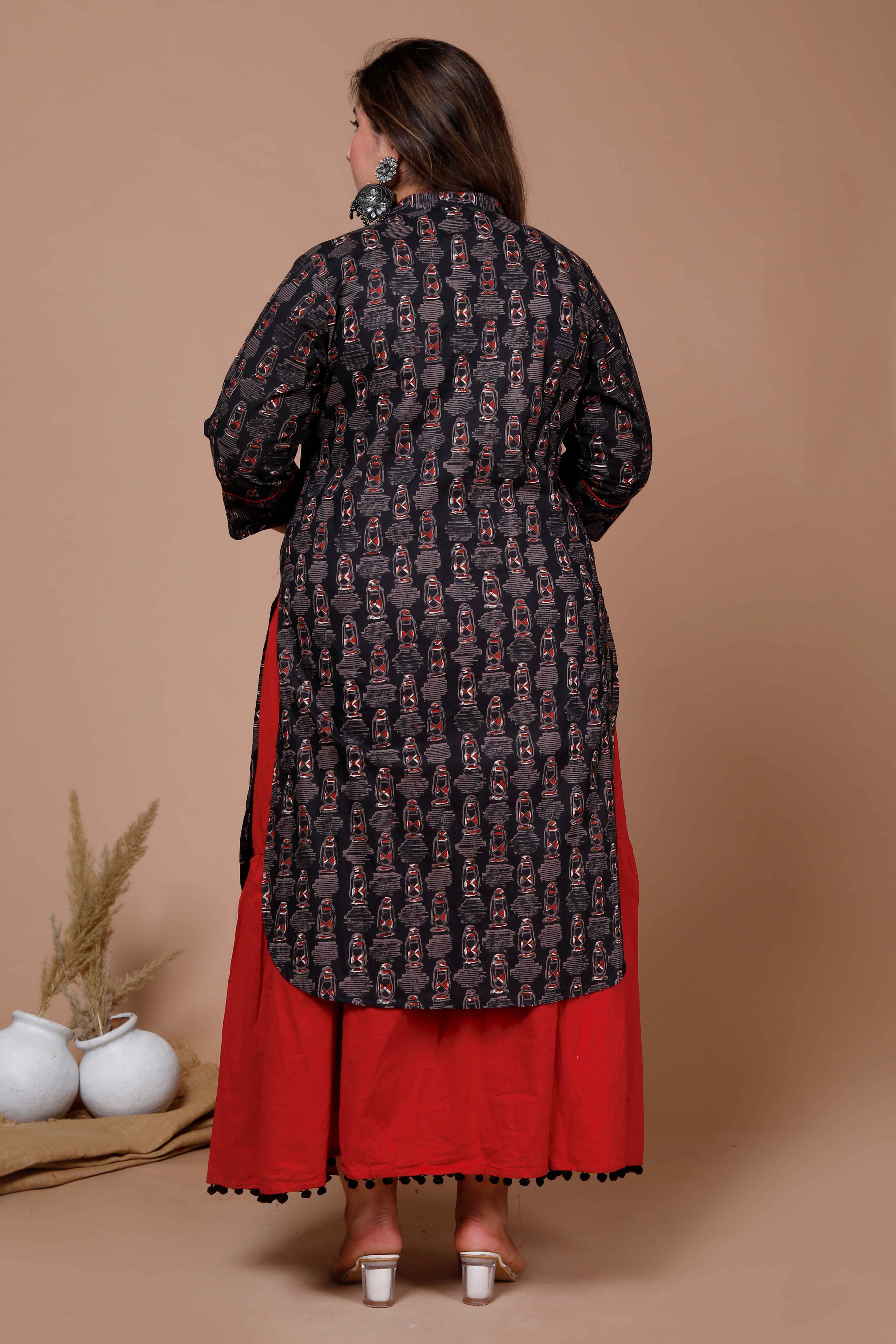 Black Floral Printed Cotton Kurta with Lace Detailing Solid Skirt Set