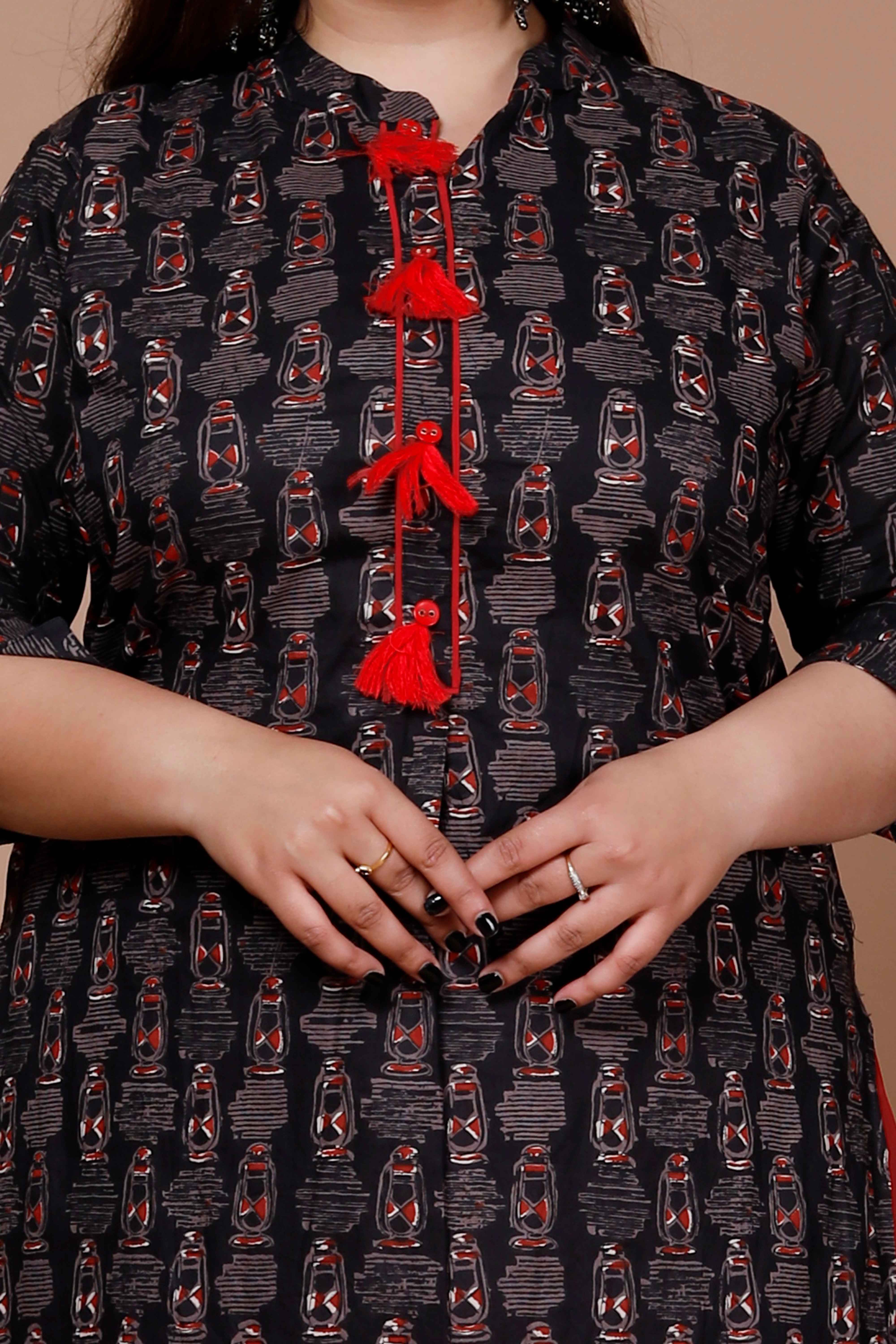 Black Floral Printed Cotton Kurta with Lace Detailing Solid Skirt Set