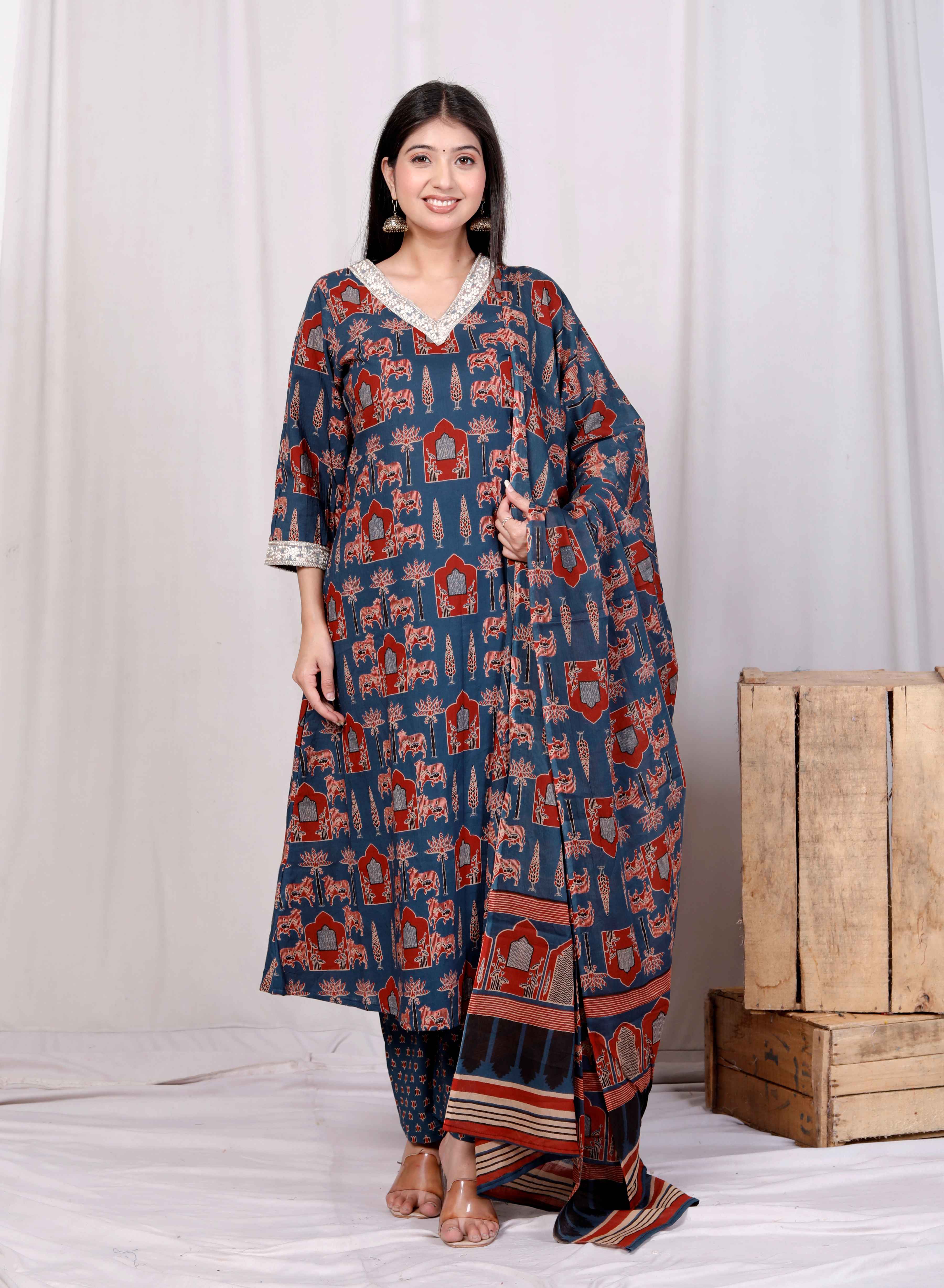 Blue Cotton Animal Print Kurta with Palazzo and Dupatta Set