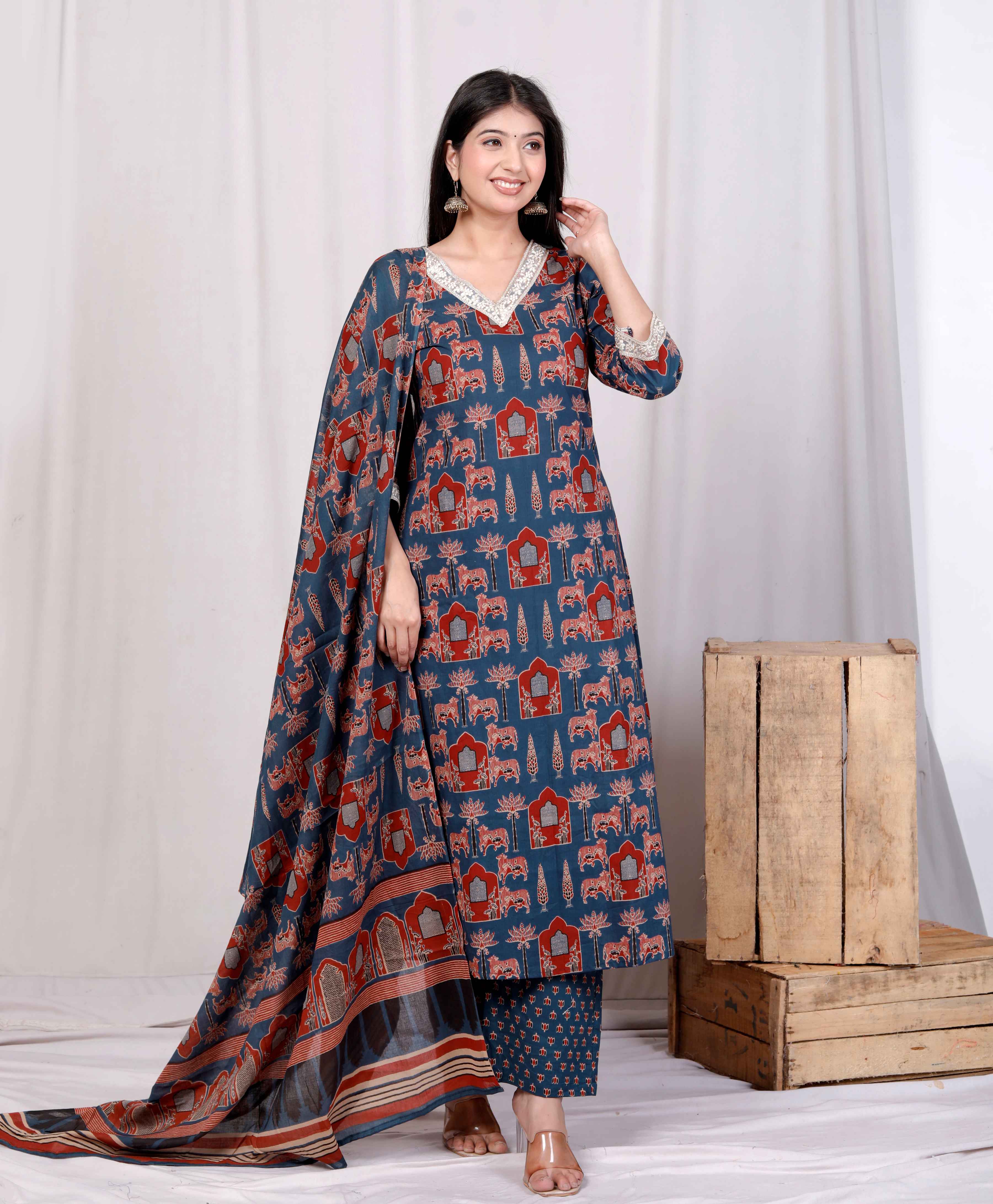 Blue Cotton Animal Print Kurta with Palazzo and Dupatta Set