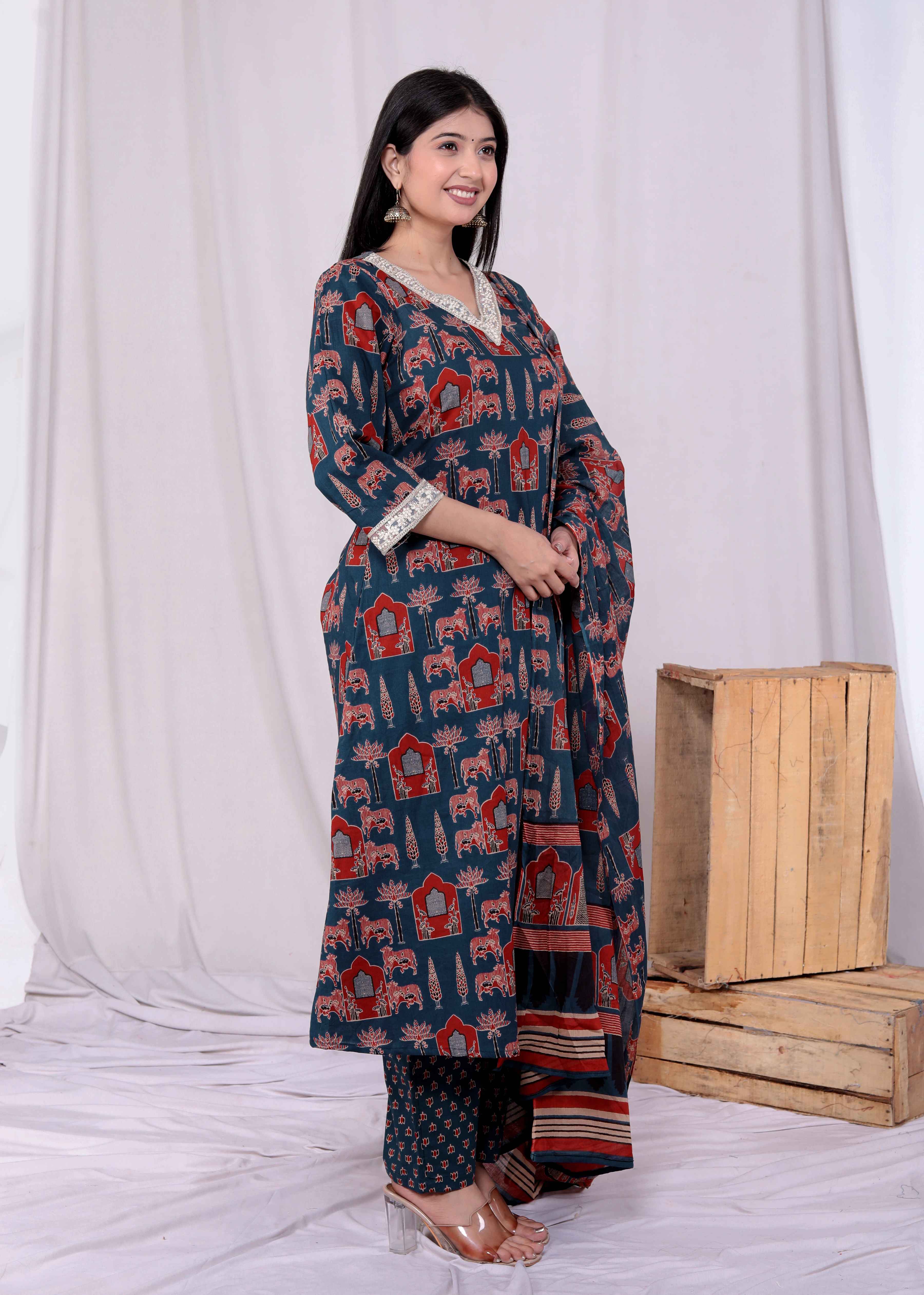 Blue Cotton Animal Print Kurta with Palazzo and Dupatta Set