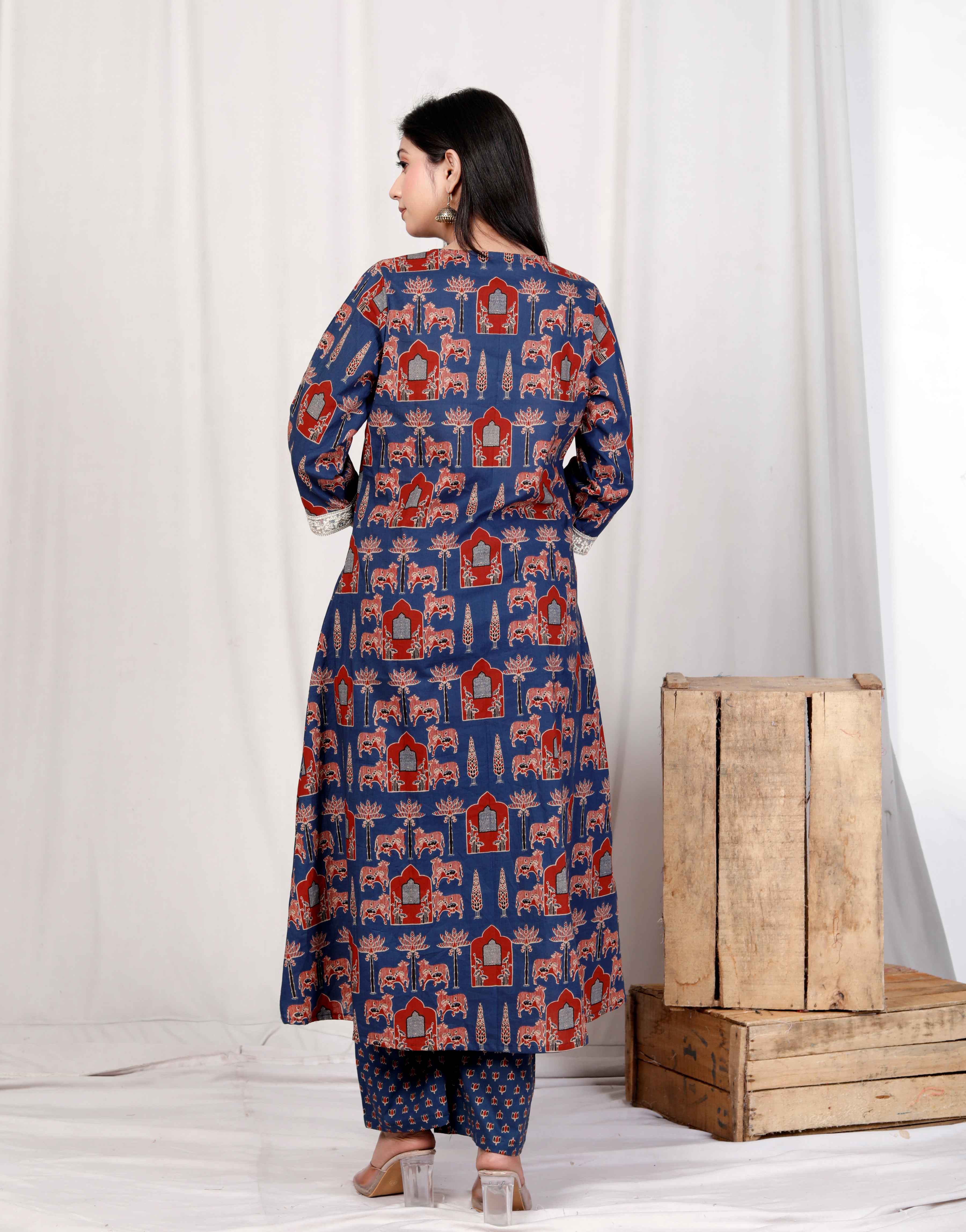 Blue Cotton Animal Print Kurta with Palazzo and Dupatta Set