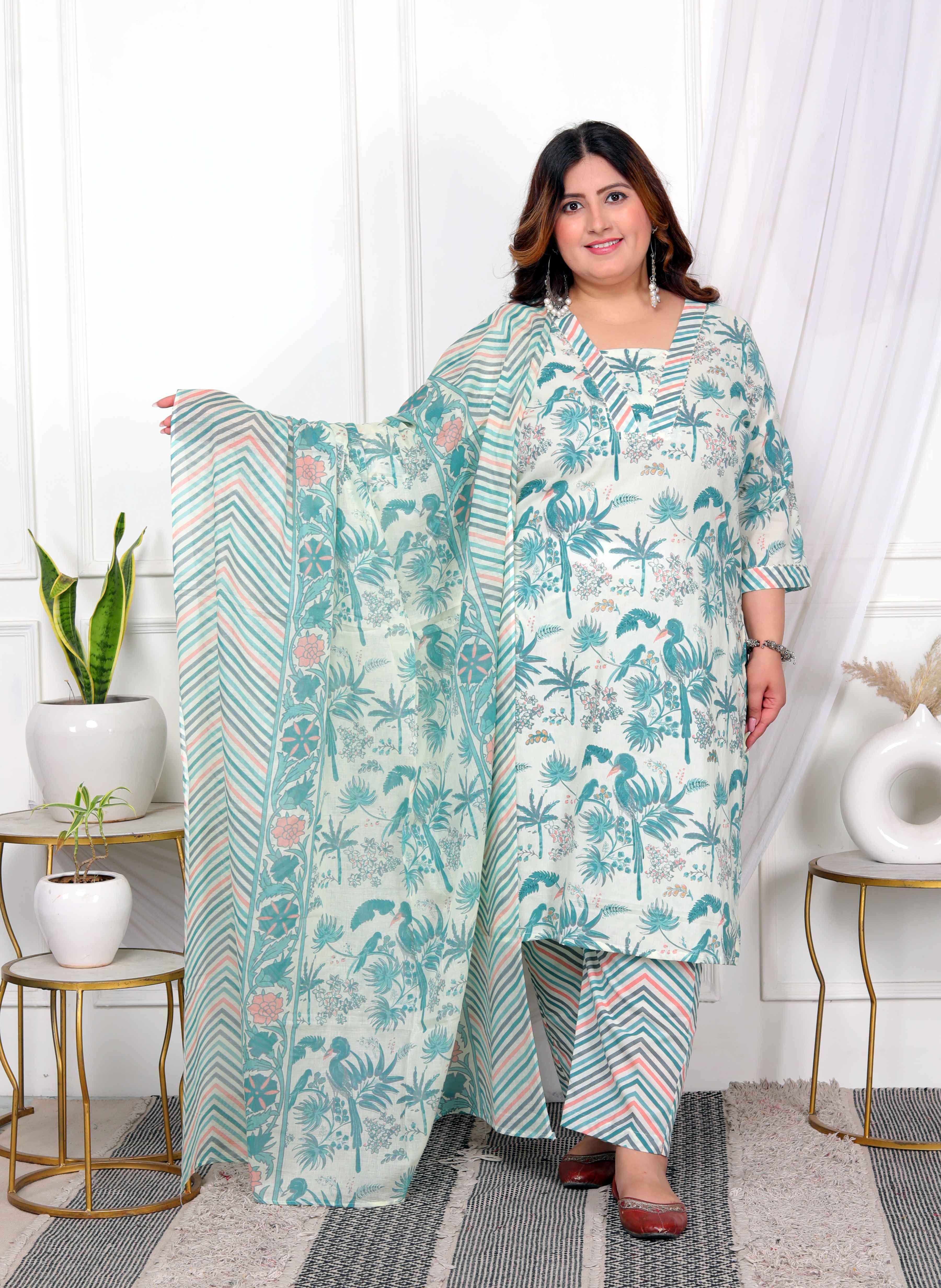 Womens Cotton Light Green Scenic Birds And Leaf Floral Printed Straight Pakistani Style Suit Set