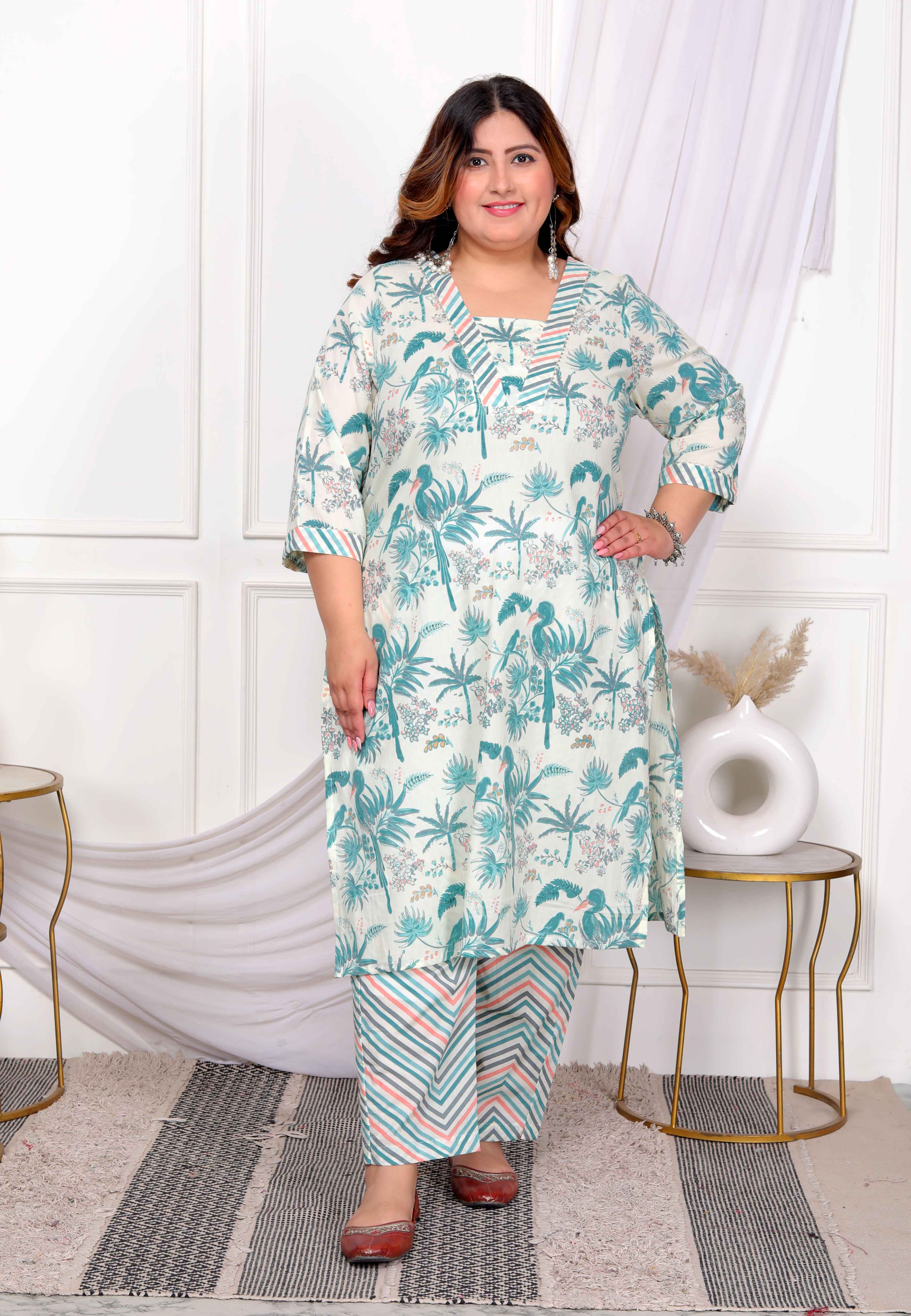 Womens Cotton Light Green Scenic Birds And Leaf Floral Printed Straight Pakistani Style Kurta And Palazzo