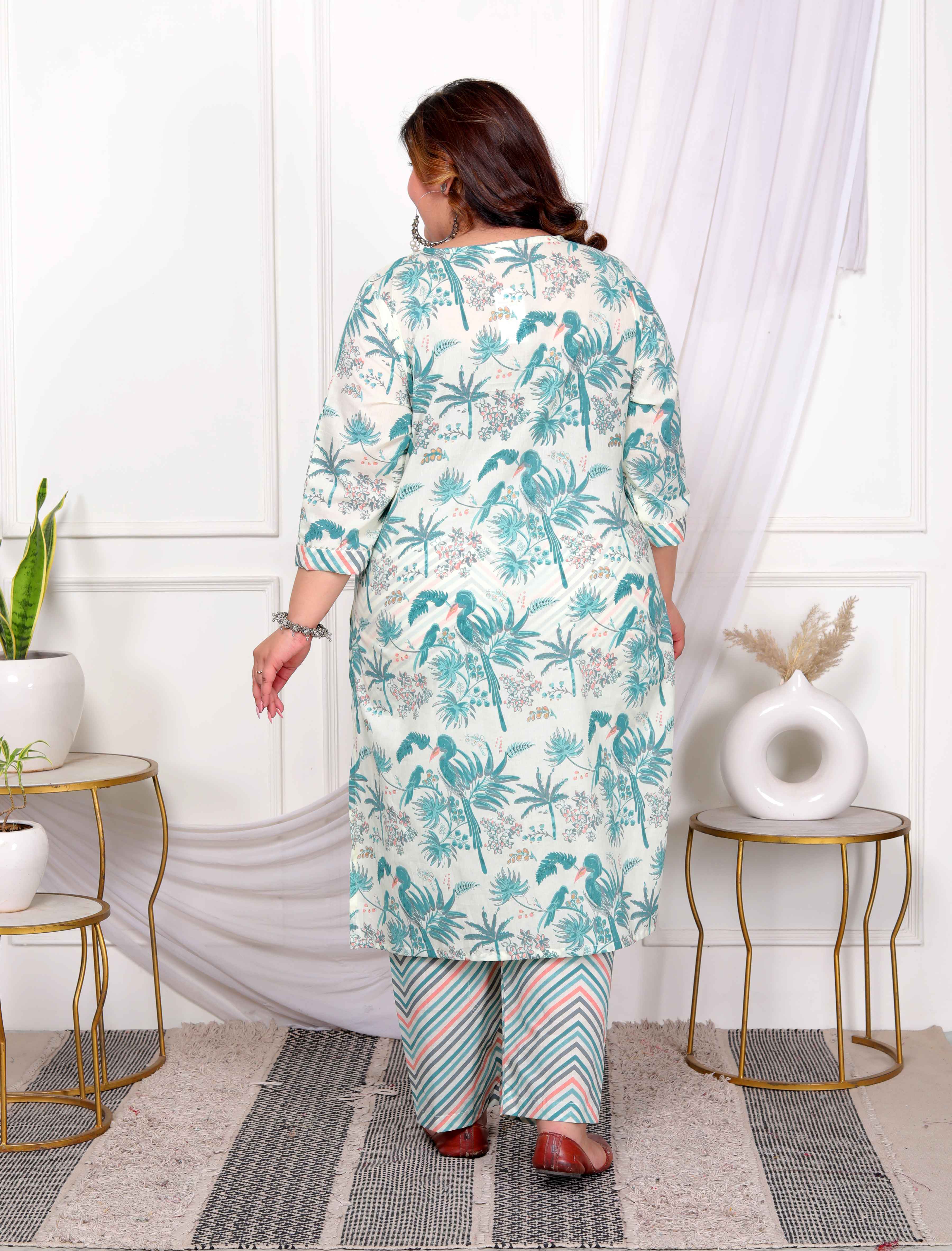 Womens Cotton Light Green Scenic Birds And Leaf Floral Printed Straight Pakistani Style Kurta And Palazzo