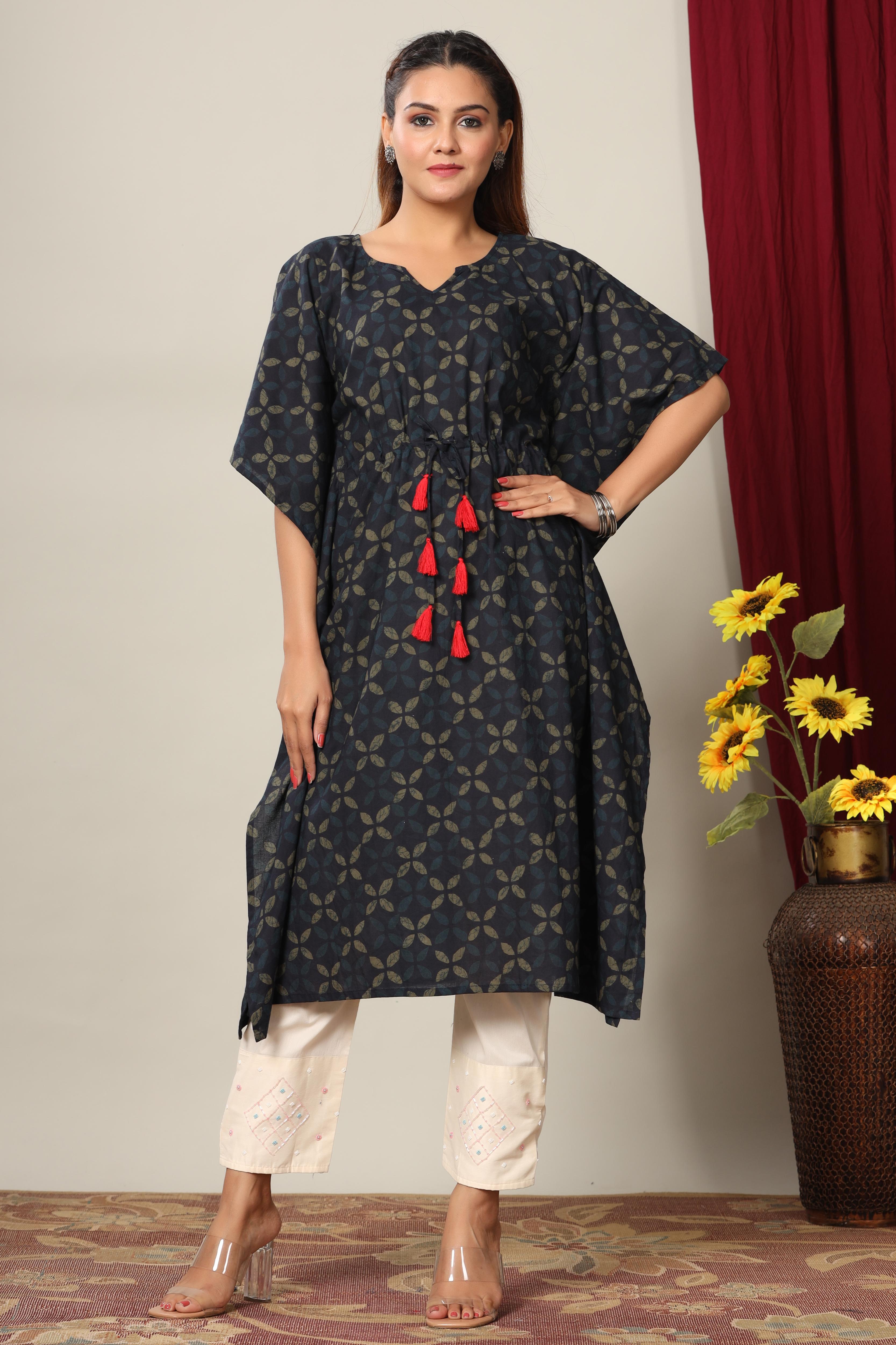 Womens Blue Abstract printed Flared Sleeves Kaftan Kurta