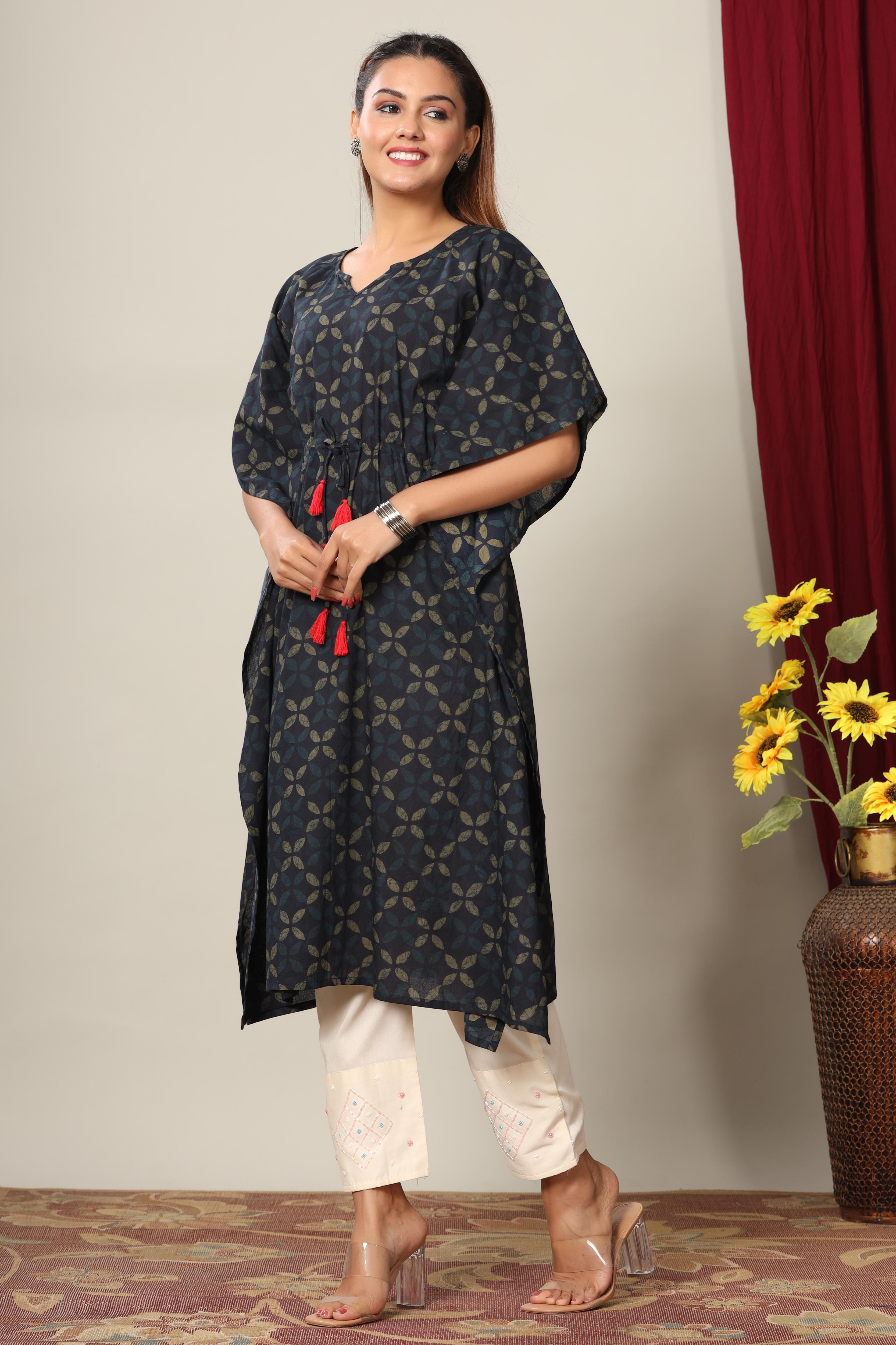 Womens Blue Abstract printed Flared Sleeves Kaftan Kurta