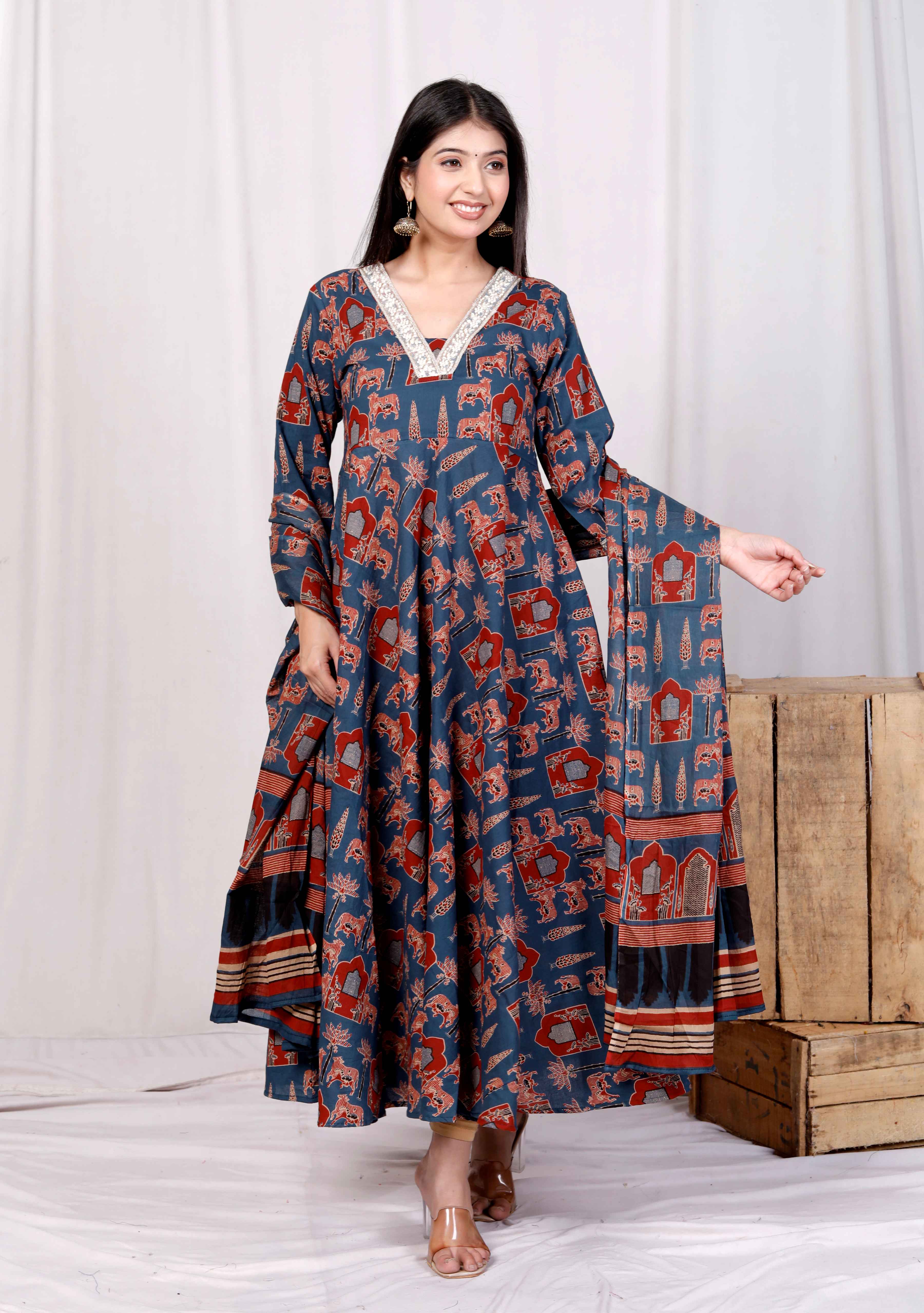 Blue Cotton Zari Lace Anarkali Kurta with Printed Dupatta Set – Party Wear