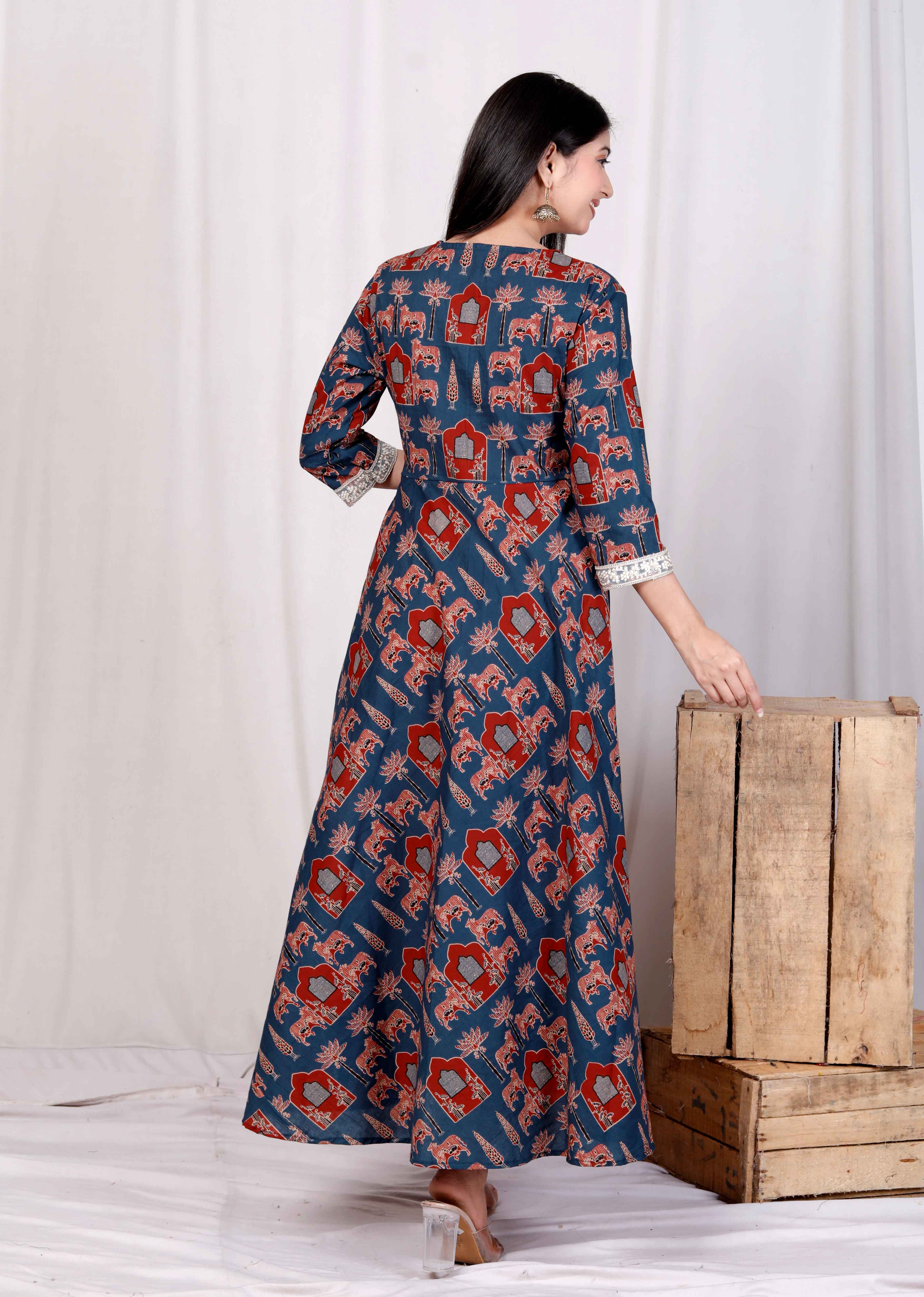 Blue Cotton Zari Lace Anarkali Kurta with Printed Dupatta Set – Party Wear