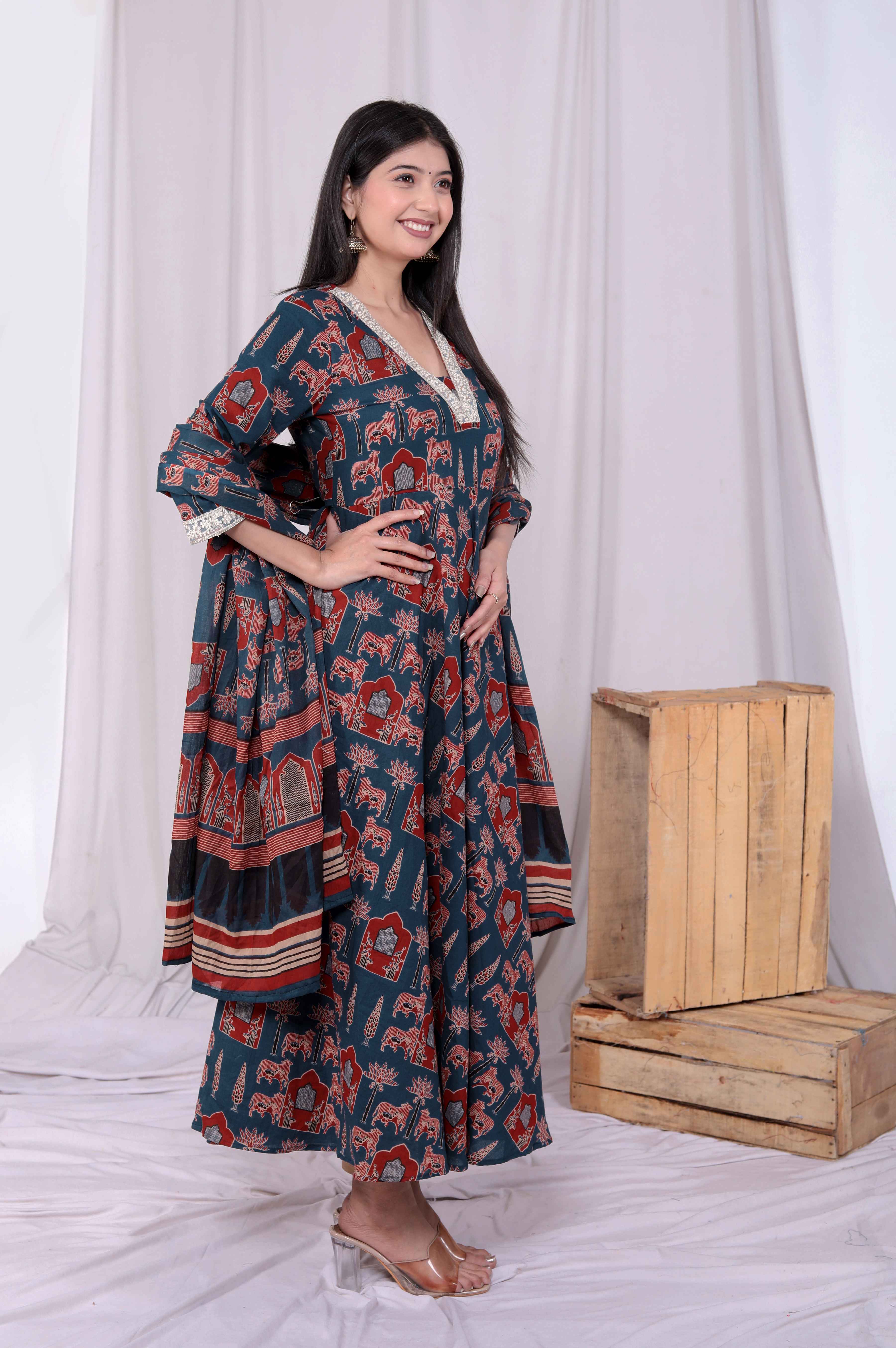 Blue Cotton Zari Lace Anarkali Kurta with Printed Dupatta Set – Party Wear