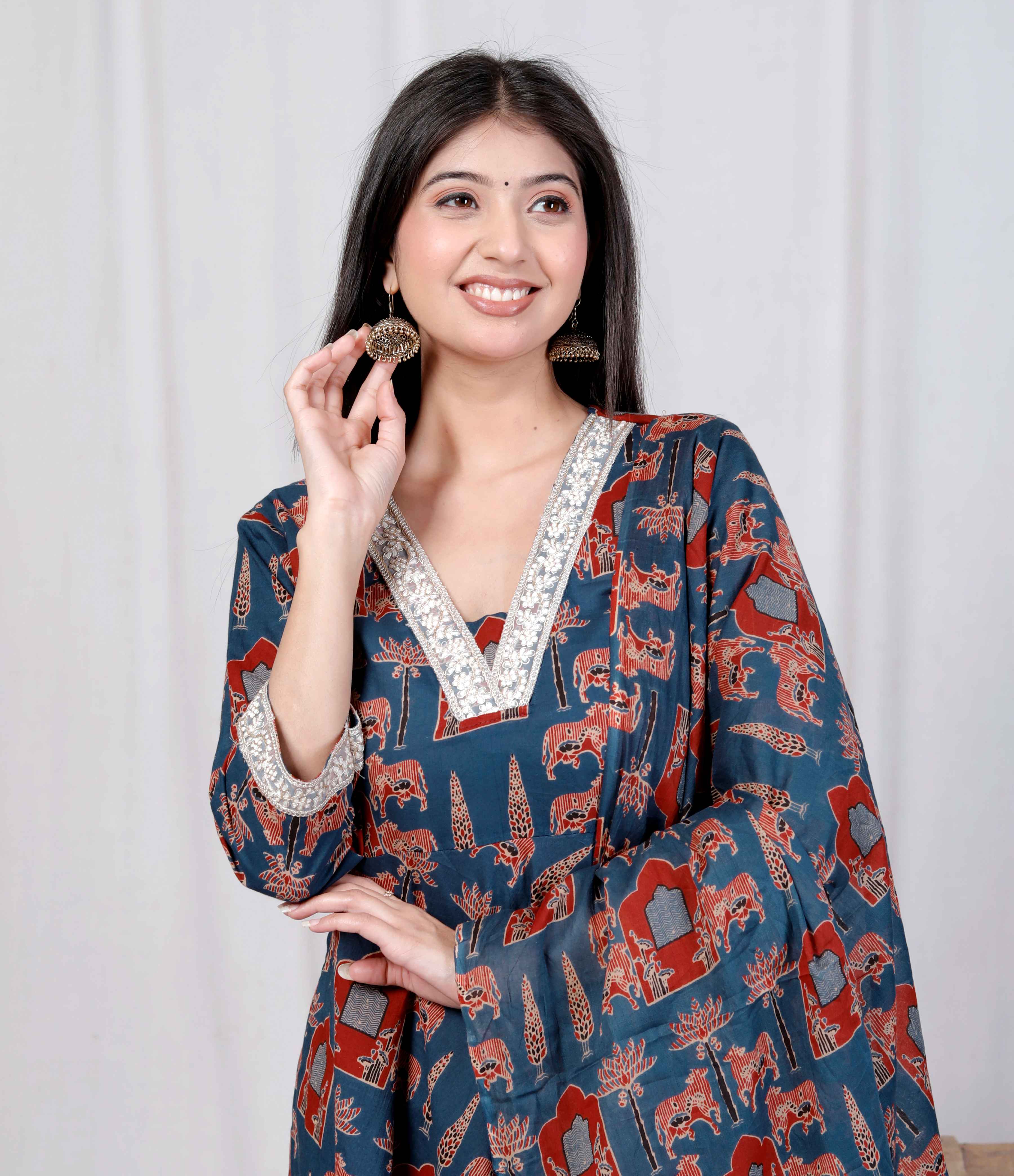 Blue Cotton Zari Lace Anarkali Kurta with Printed Dupatta Set – Party Wear