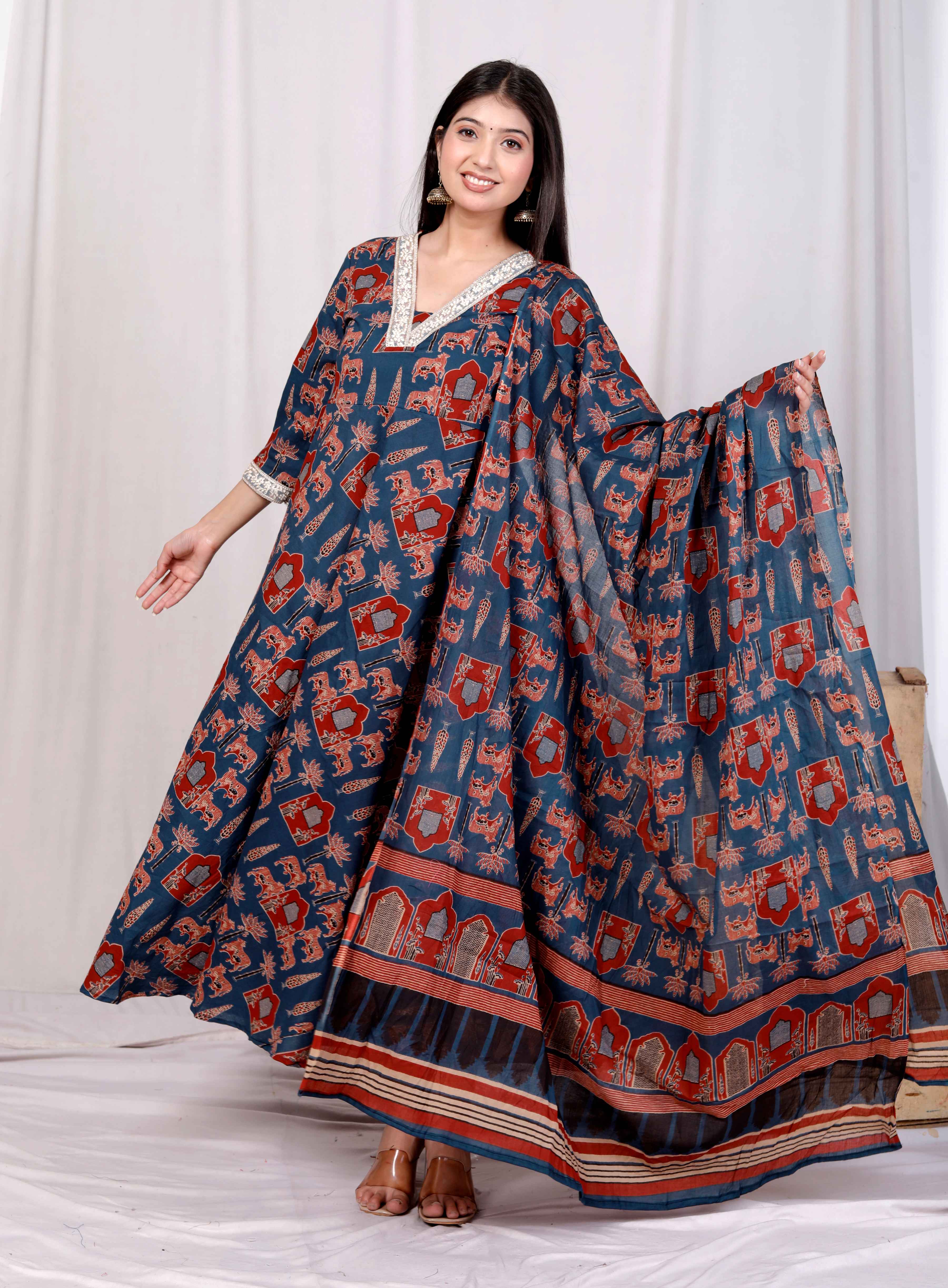 Blue Cotton Zari Lace Anarkali Kurta with Printed Dupatta Set – Party Wear