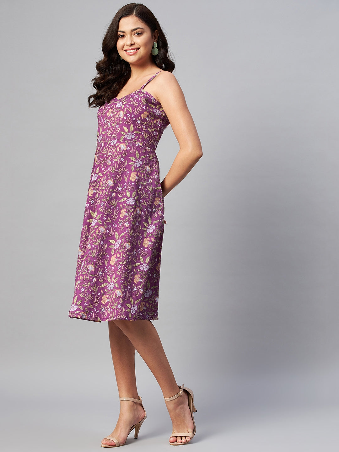 Purple Floral Printed Sleeveless Midi Dress – Vacation Wear
