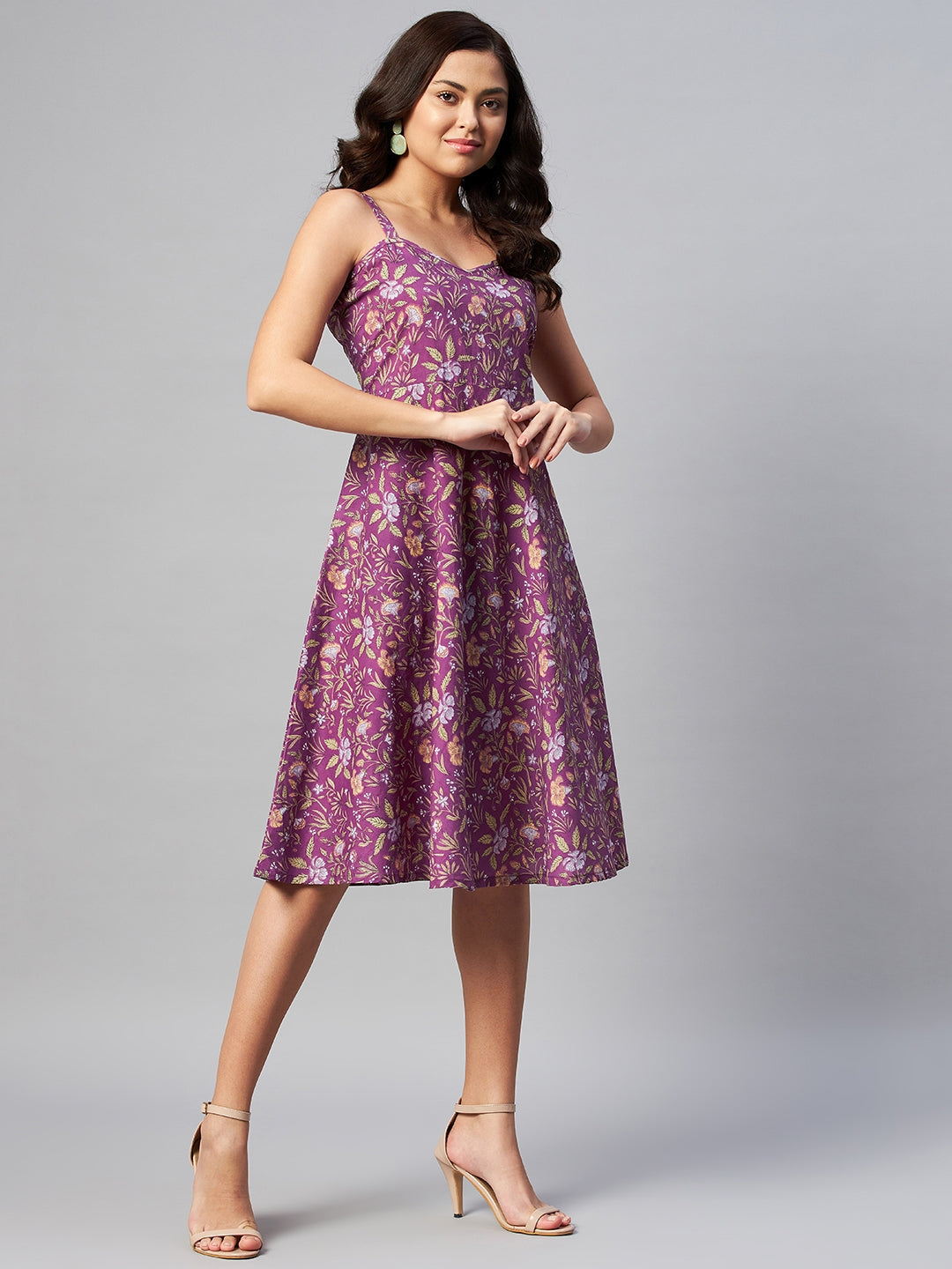Purple Floral Printed Sleeveless Midi Dress – Vacation Wear