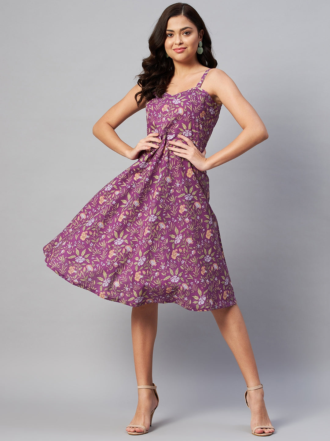 Purple Floral Printed Sleeveless Midi Dress – Vacation Wear