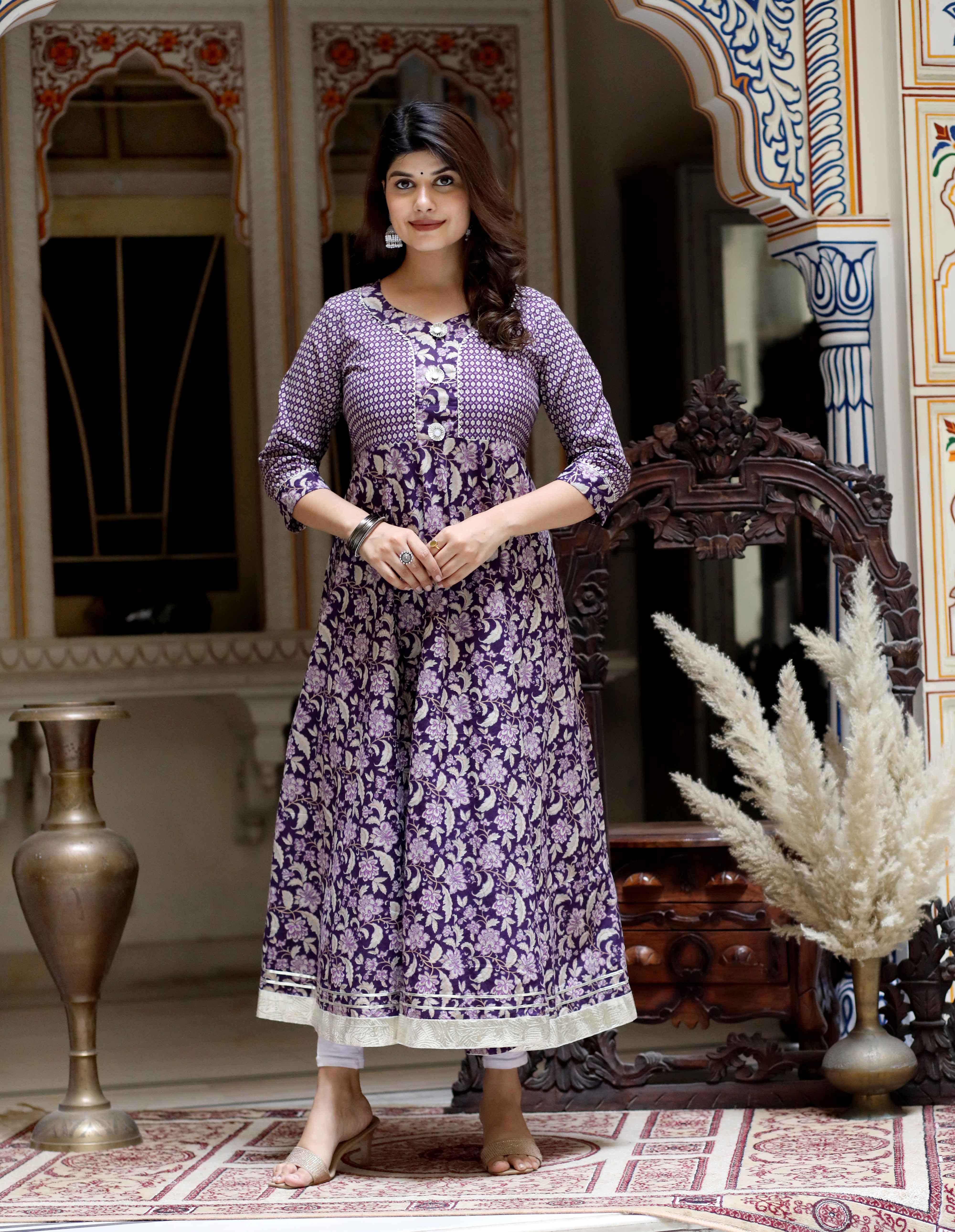 Purple Floral Cotton Anarkali Kurta with Gota Lace Detailing