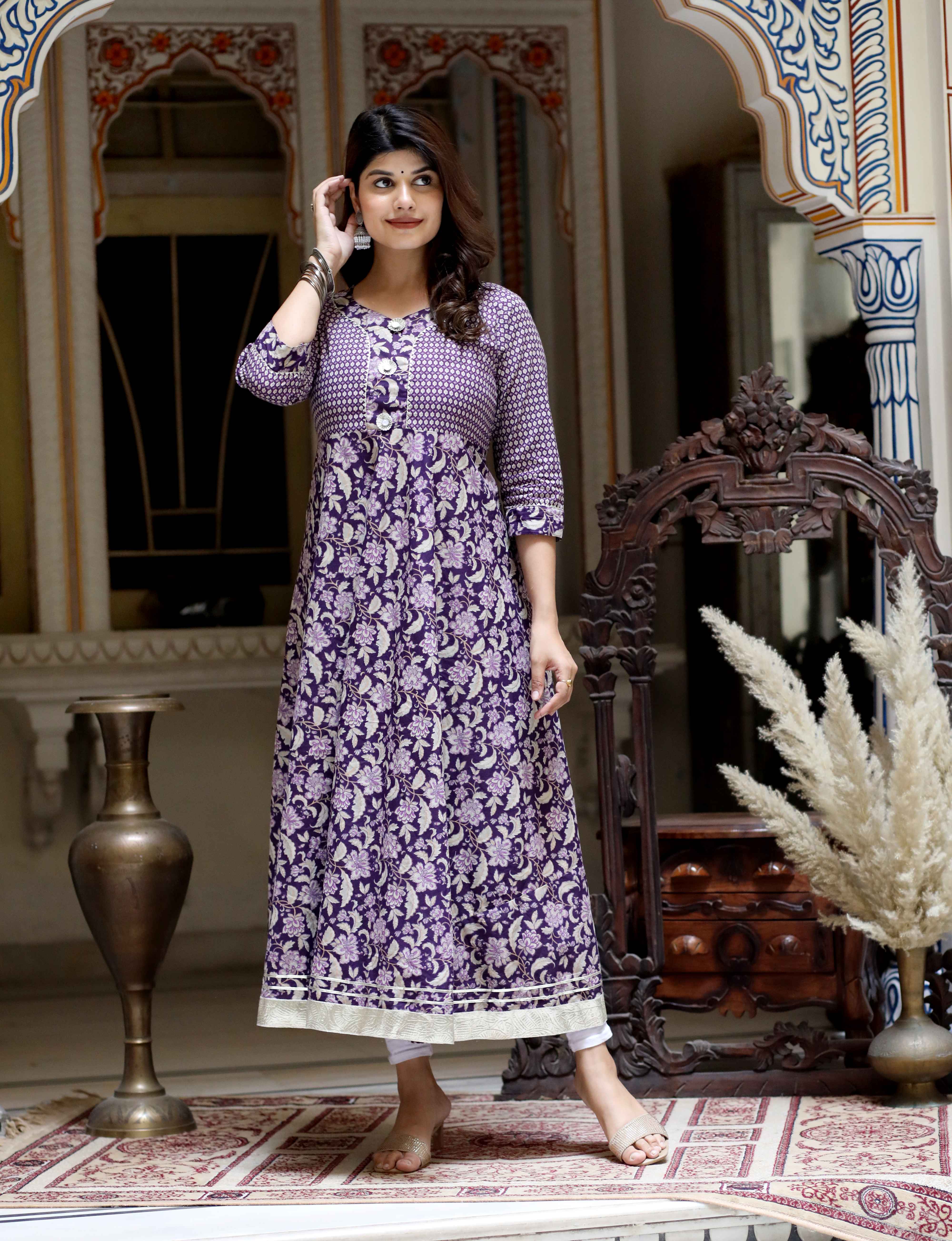 Purple Floral Cotton Anarkali Kurta with Gota Lace Detailing