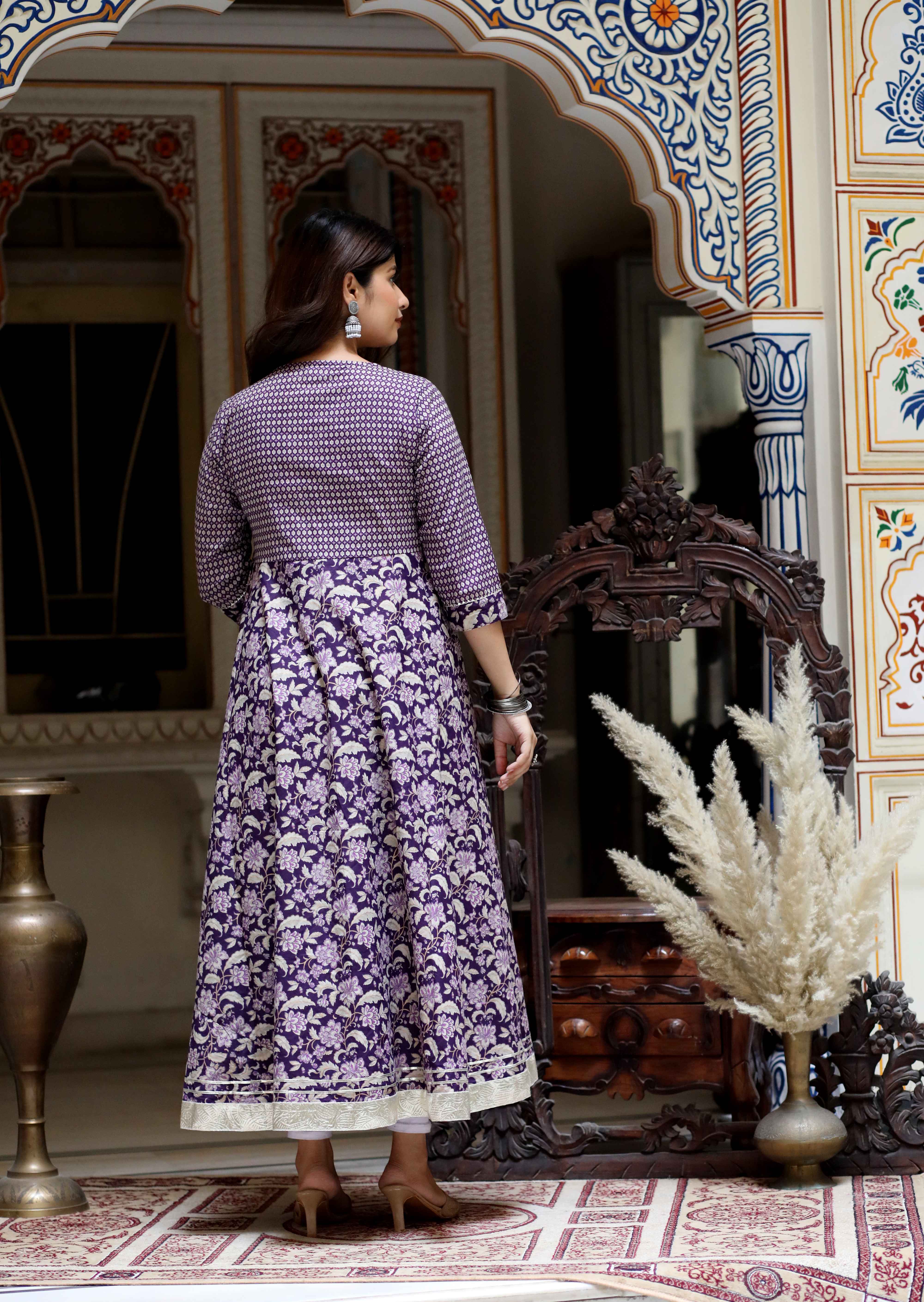 Purple Floral Cotton Anarkali Kurta with Gota Lace Detailing