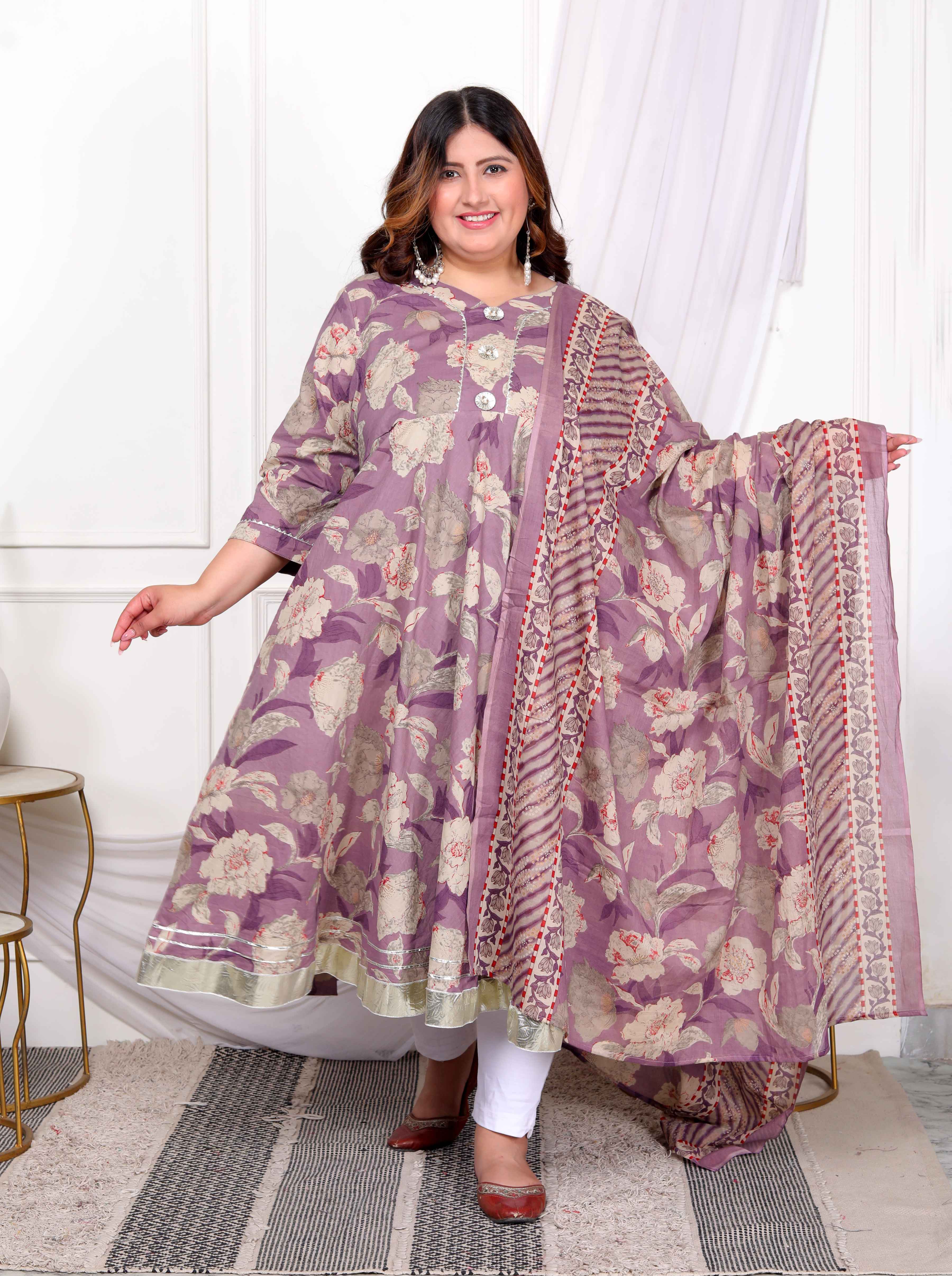 Purple Floral Gota Lace Cotton Anarkali Kurta with Dupatta Set
