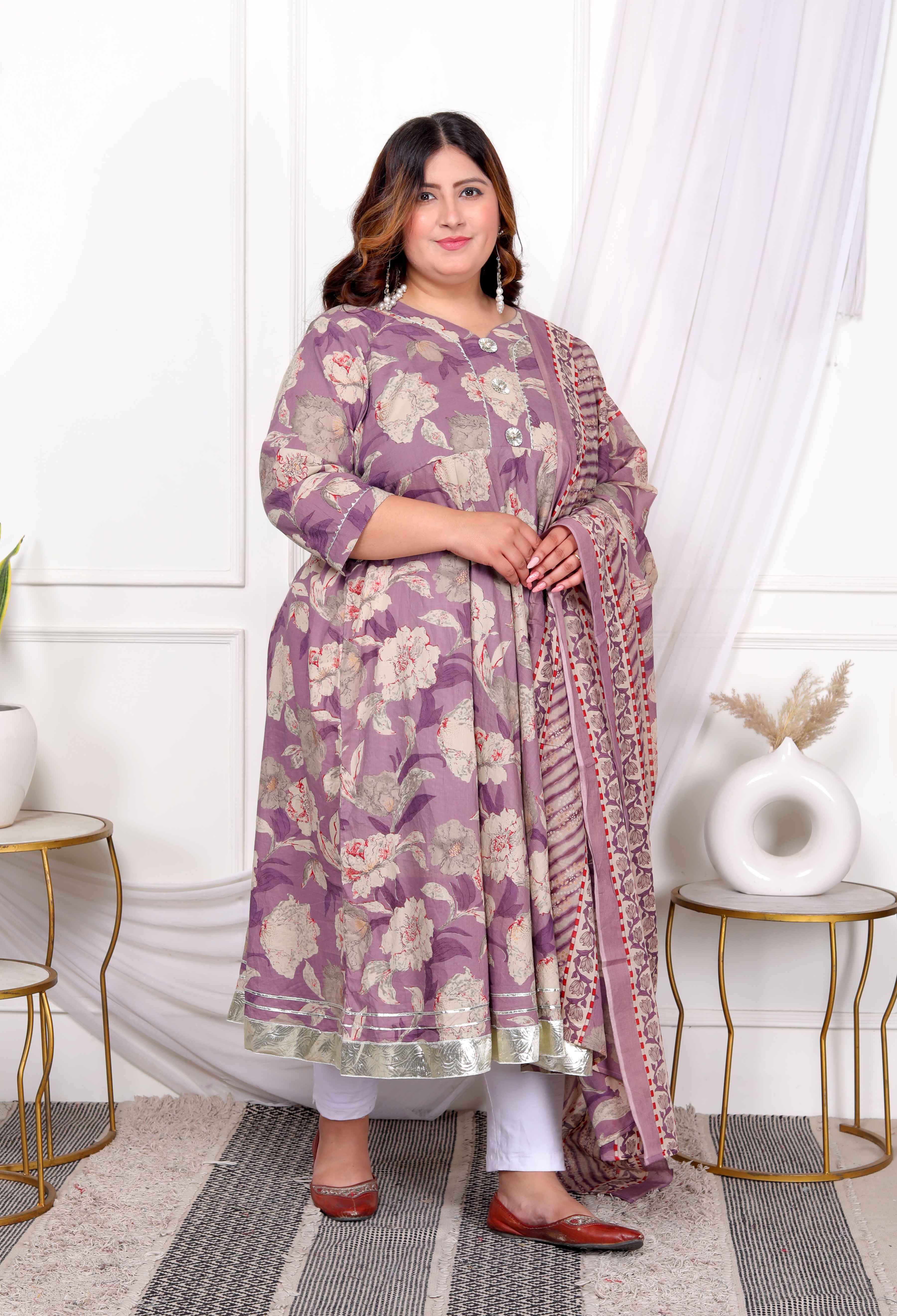 Purple Floral Gota Lace Cotton Anarkali Kurta with Dupatta Set